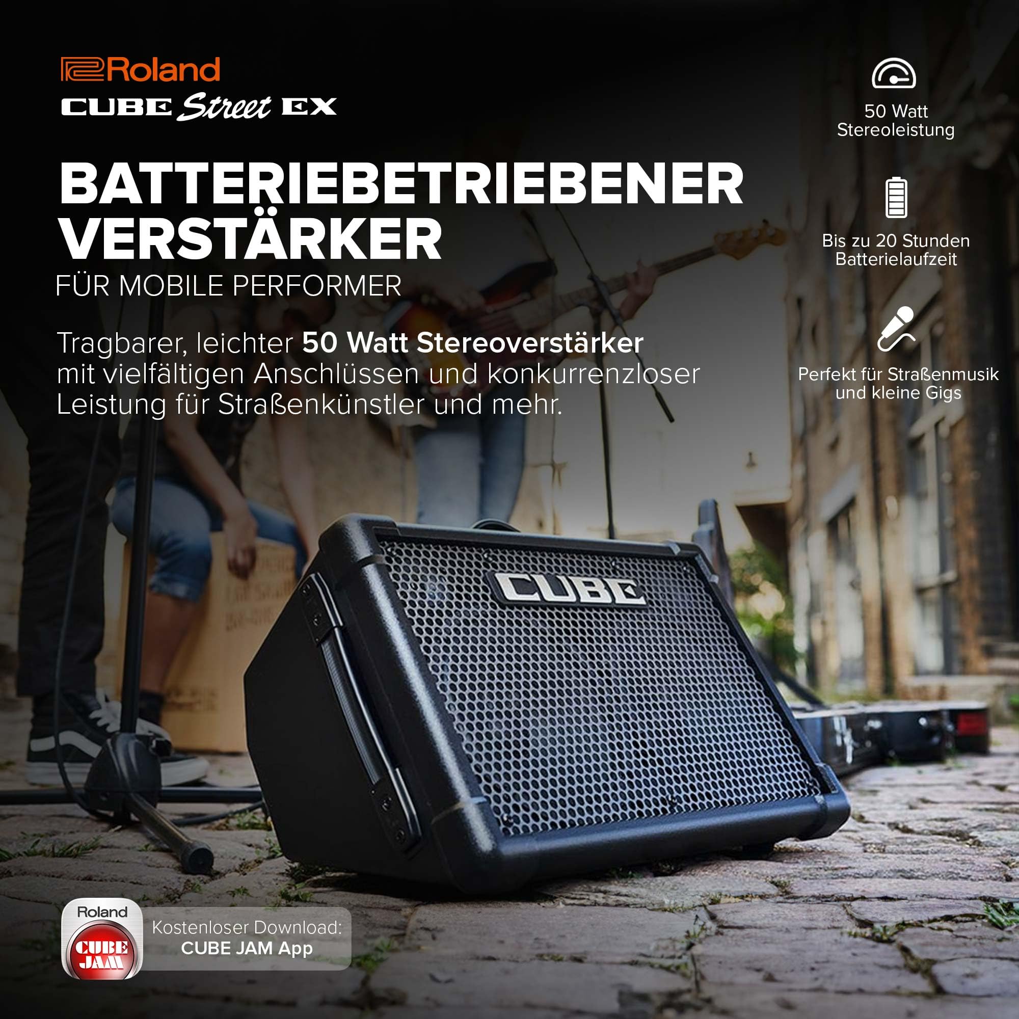 Roland Cube Street EX | Batteriebetriebener 50W Stereoverstärker | Transparenter, dynamischer Sound | Ideal für Outdoor-Performances | Anschluss von Mikrofonen, Instrumenten & Audiogeräten