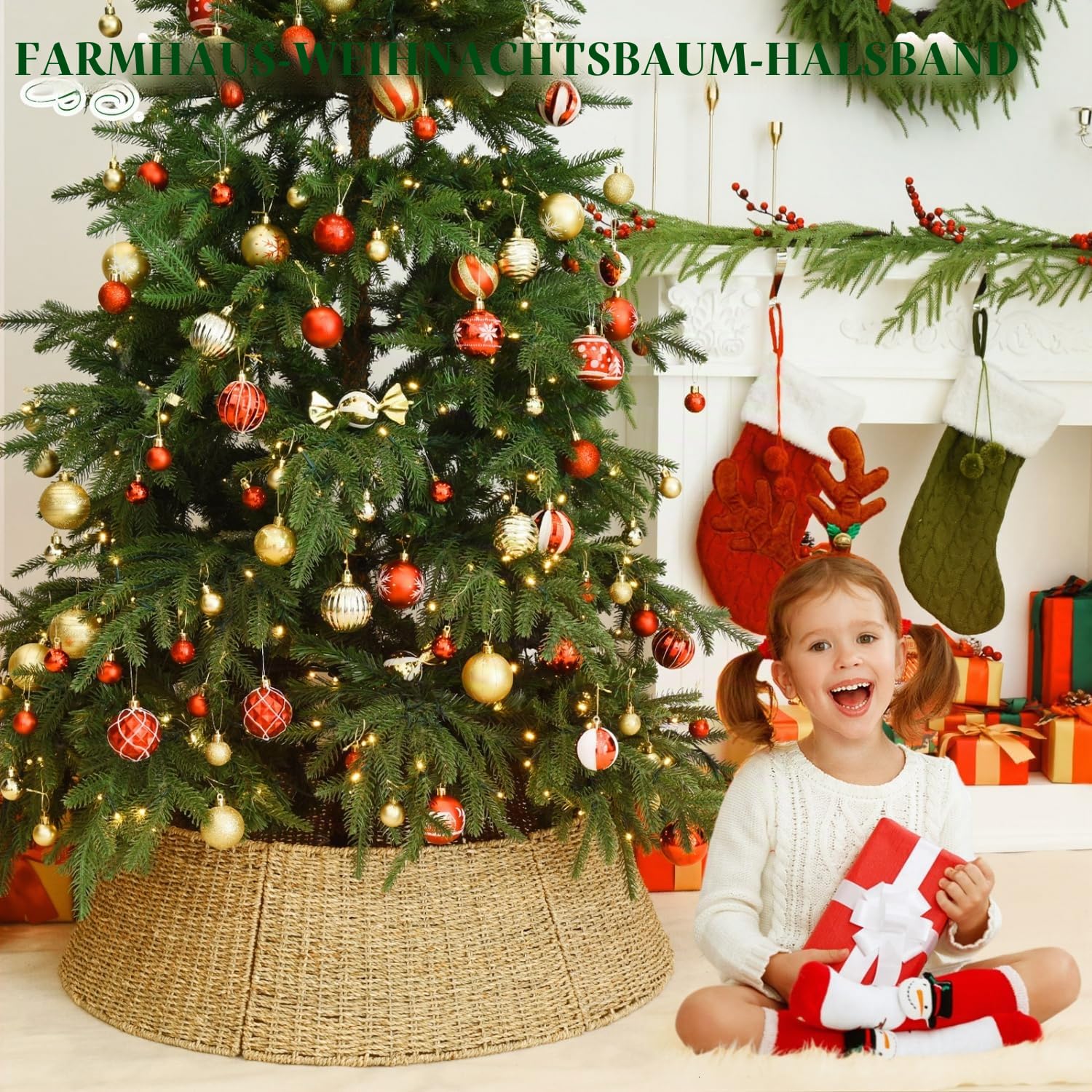 Rocinha 81,3 cm extra großer Rattan-Weihnachtsbaum-Kragenkorb – rustikaler handgefertigter Weihnachtsbaumständer Abdeckung gewebter Baumrock Kragen Weihnachtsbaumschmuck Bauernhaus Innendekorationen
