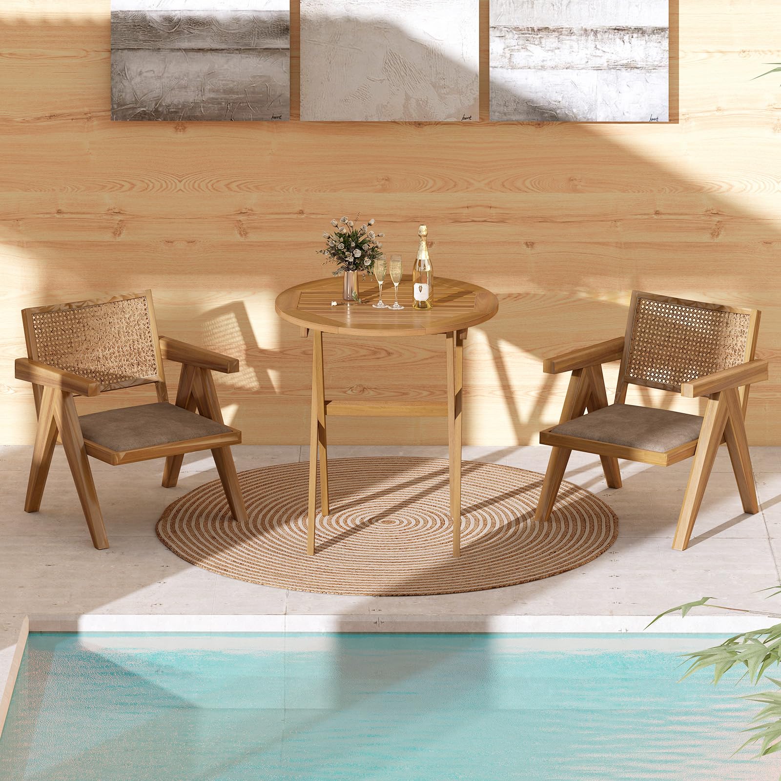 GOPLUS Table Pliante Exterieur Bois d'Acacia Ronde Balcon Pliable Plateau à Lattes 80 kg 67 x 69,5 cm