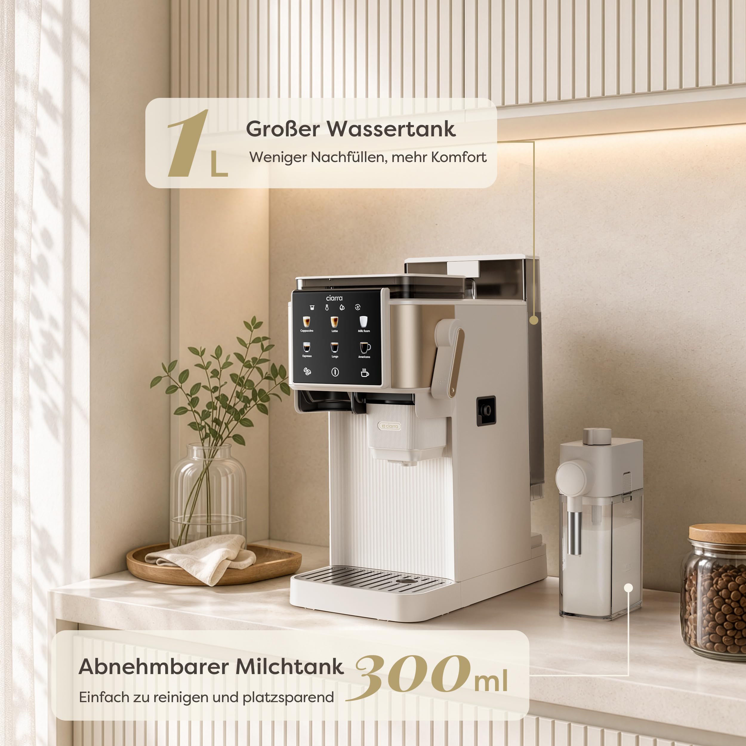 CIARRA CBSACM-D6 Kaffeemaschine mit Mahlwerk und Milchaufschäumer 15 Bar | Semi-automatische Espressomaschine mit automatisches Mahlen Tampen & Brühen, für Espresso Cappuccino, Farb-Touchdisplay