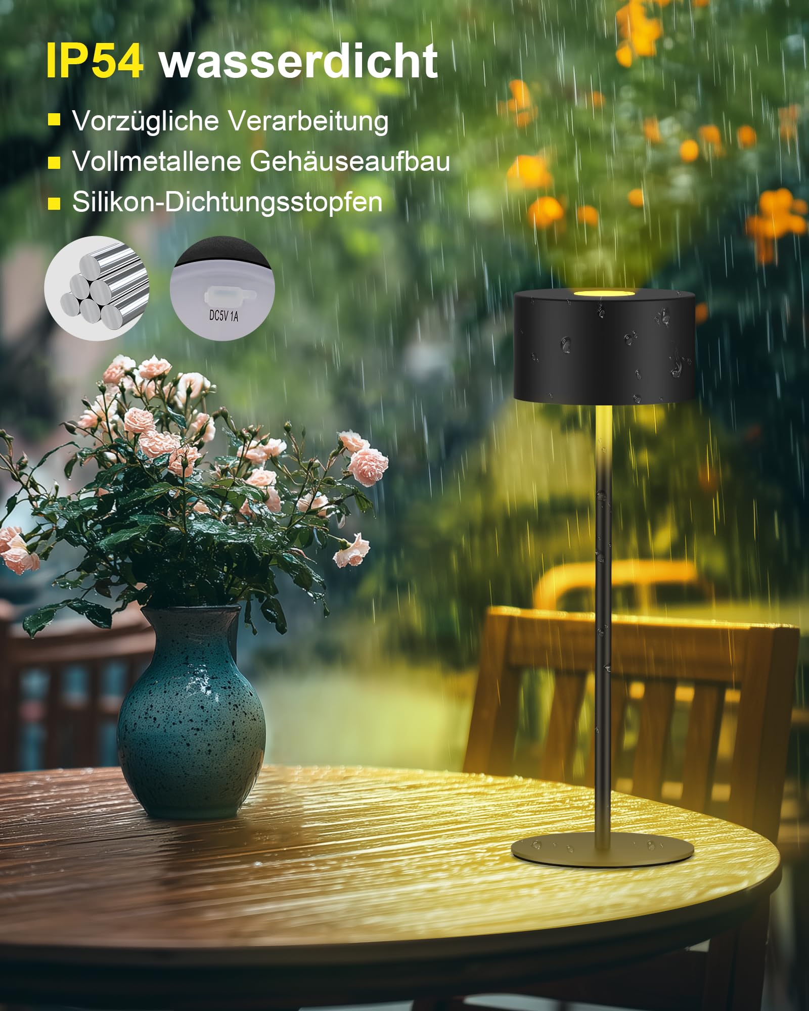 Lampada da Tavolo Senza Fili Tutto in Metallo, 3 Temperature di Luce & Dimmering infinito, Impermeabilità IP54 | Questa lampada portable è perfetta per testa di letto, camera da letto, sala da pranzo