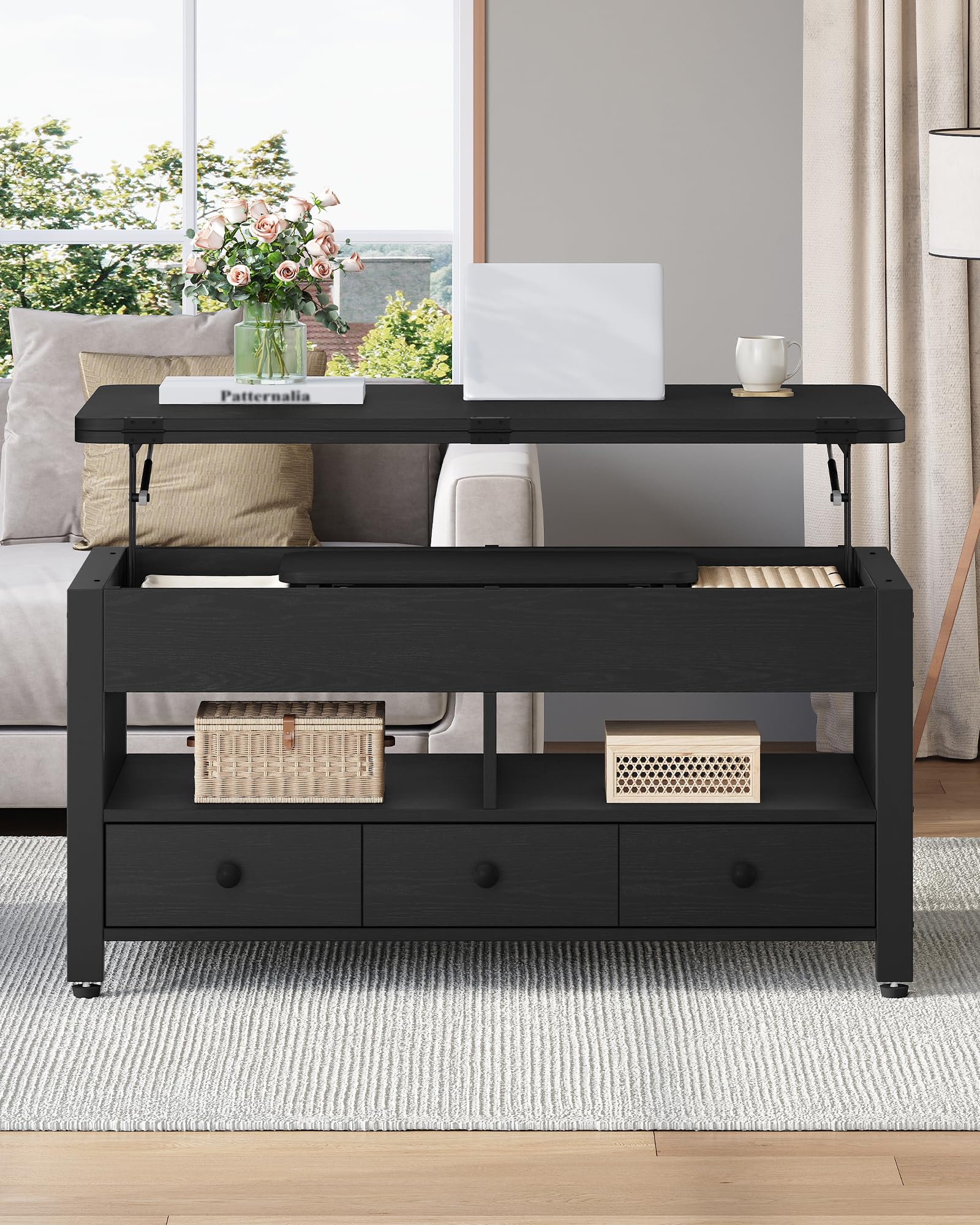 Hzuaneri Tavolino da Salotto, 100 cm, Nero, 3 in 1 Multifunzionale | 50 × 100 × 47 cm, Tavolino da Caffè Sollevabile con 3 Cassetti e 2 Organizzatore Aperto, 3 in 1 Multifunzionale, CT22204B