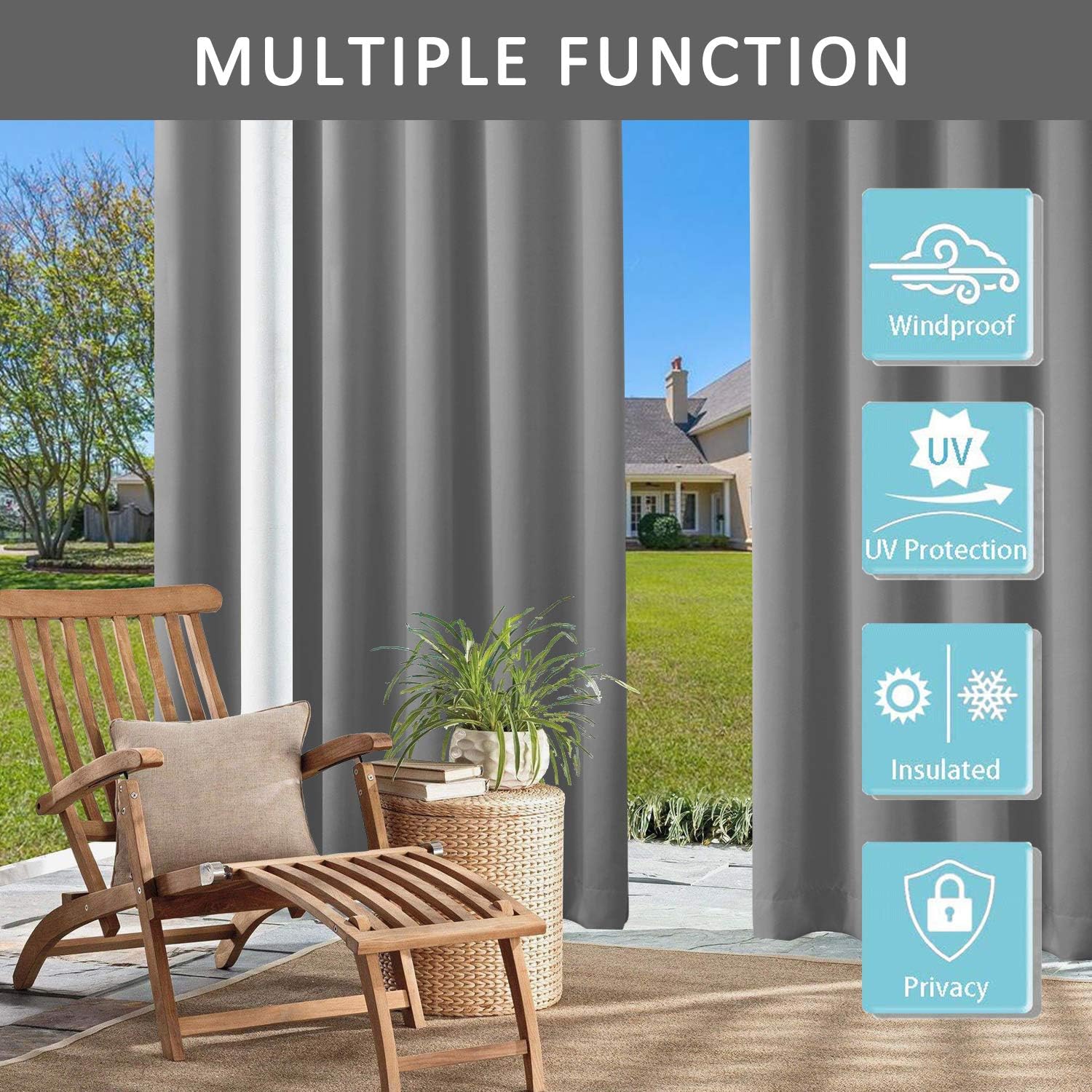 cololeaf Outdoor Curtain for Patio Waterproof Grommet Top Thermal Insulated Blackout Outdoor Curtain Drape, Porch, Gazebo, Pergola, Cabana, Dock, Beach Home - Grey 52W x 96L Inch (1 Panel)