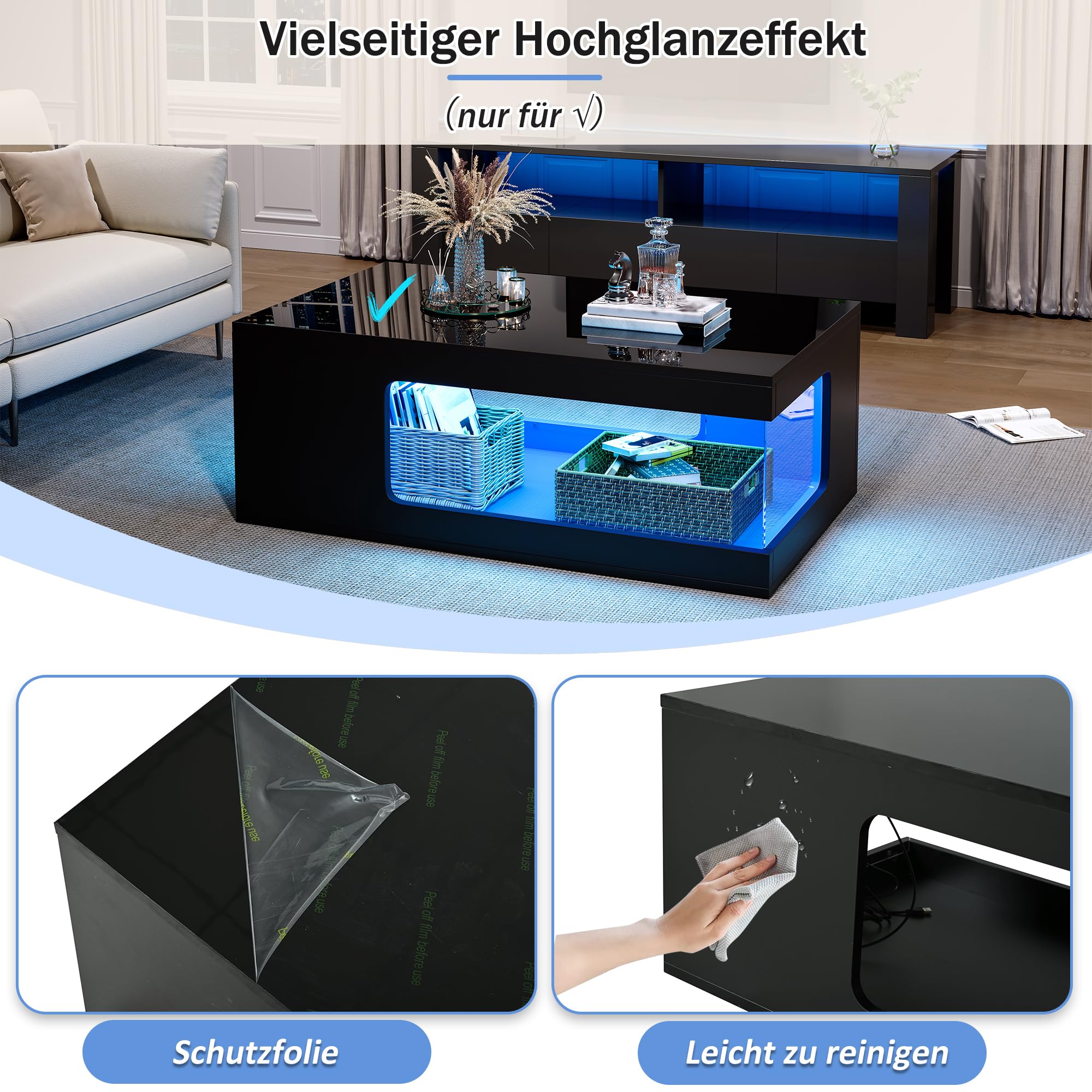 Offener Couchtisch Mit LED, Hochglanz Wohnzimmertisch Mit Glas-Seitenfächern, USB-Lichtleiste Und Stauraum, 100 x 50 x 35 cm