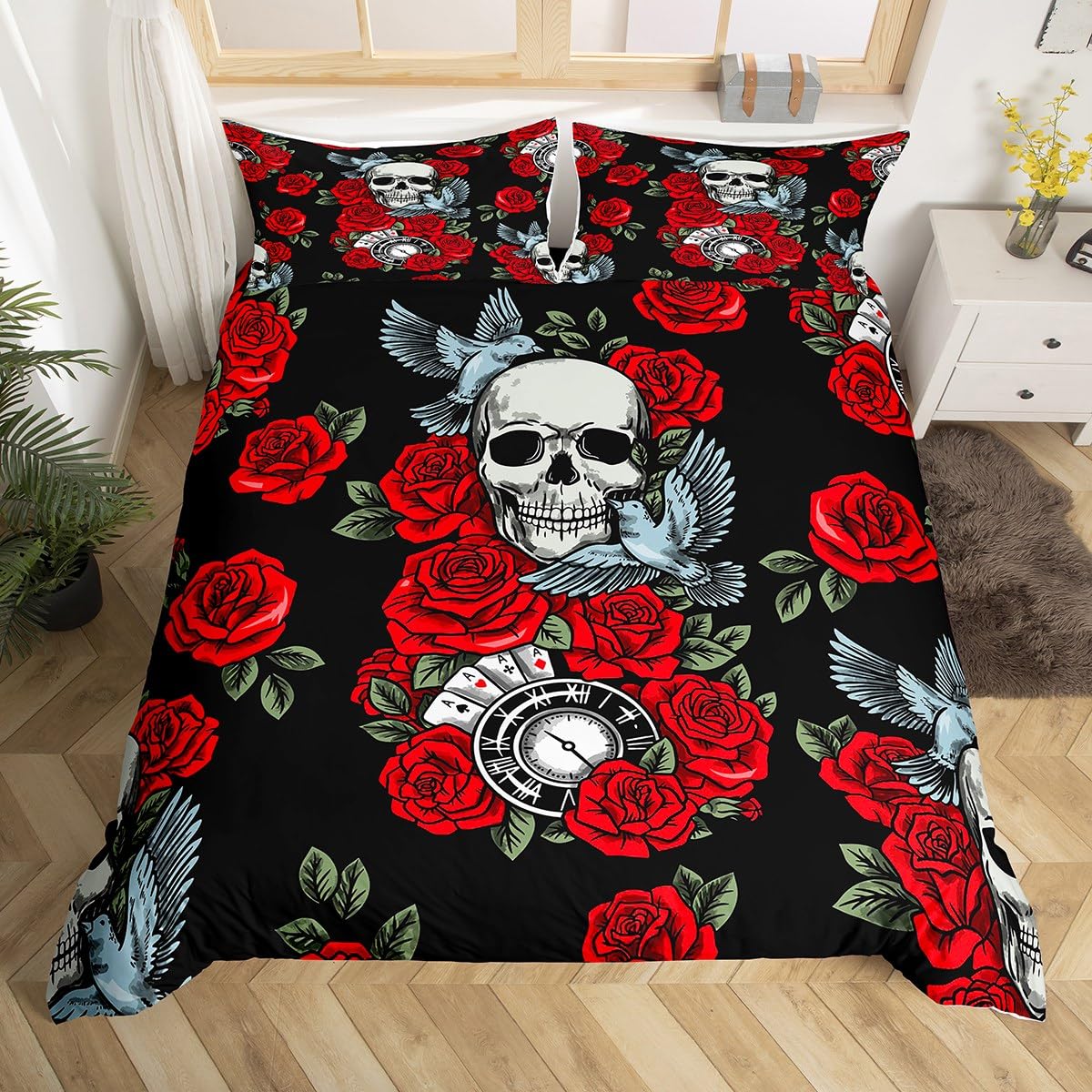 Halloween Duvet Cover Sets Bedding Super King Size Halloween Psychedelic Skull Quilt Covers Bedding Set Microfibre Polyester Duvet Cover With 2 Pillowcase, Easy Care Washable (Super King，220x260 cm)