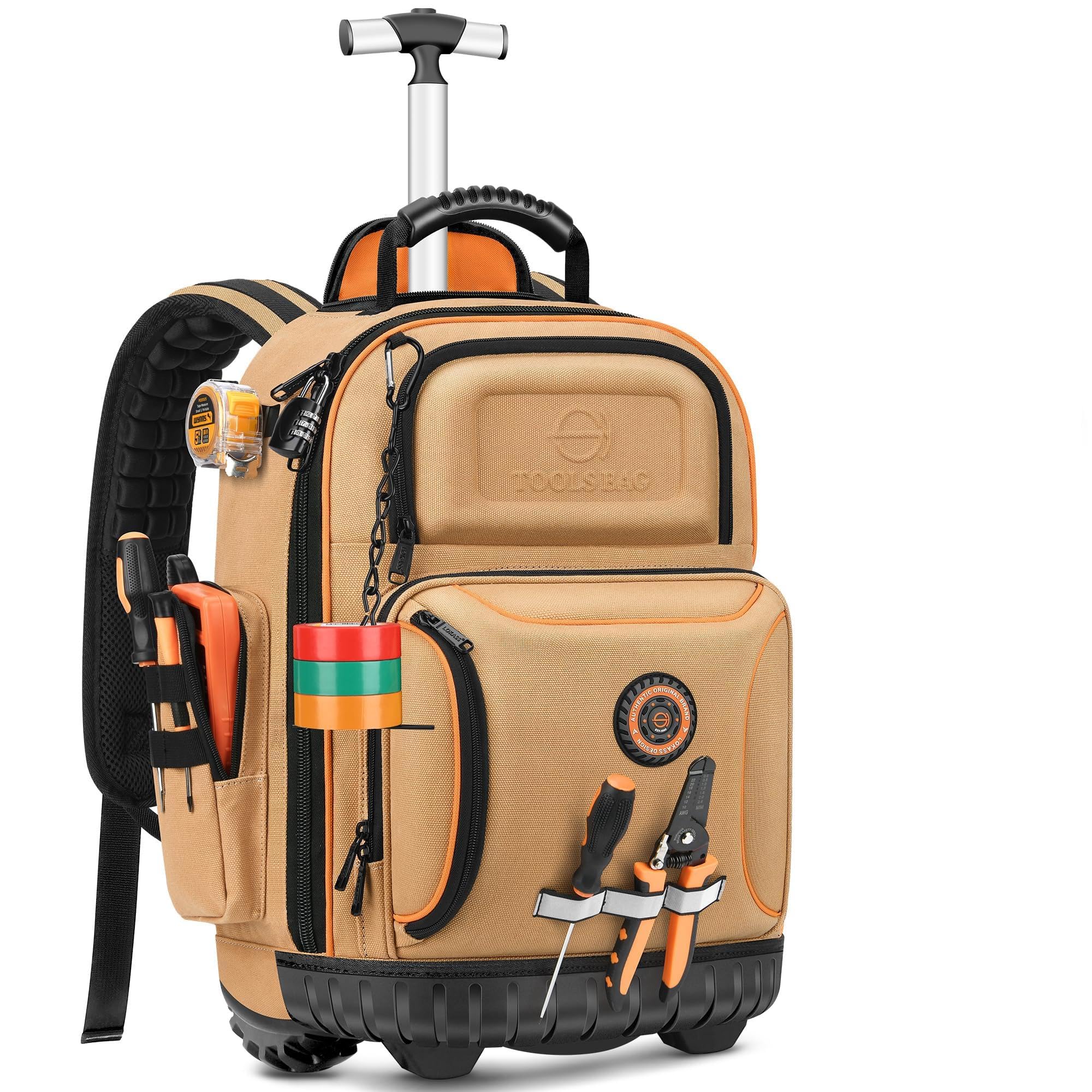Mochila de herramientas de 40,6 cm con ruedas, 75 bolsillos, bolsa de herramientas de electricista para construcción HVAC, impermeable 1680D, base moldeada y cerradura de combinación