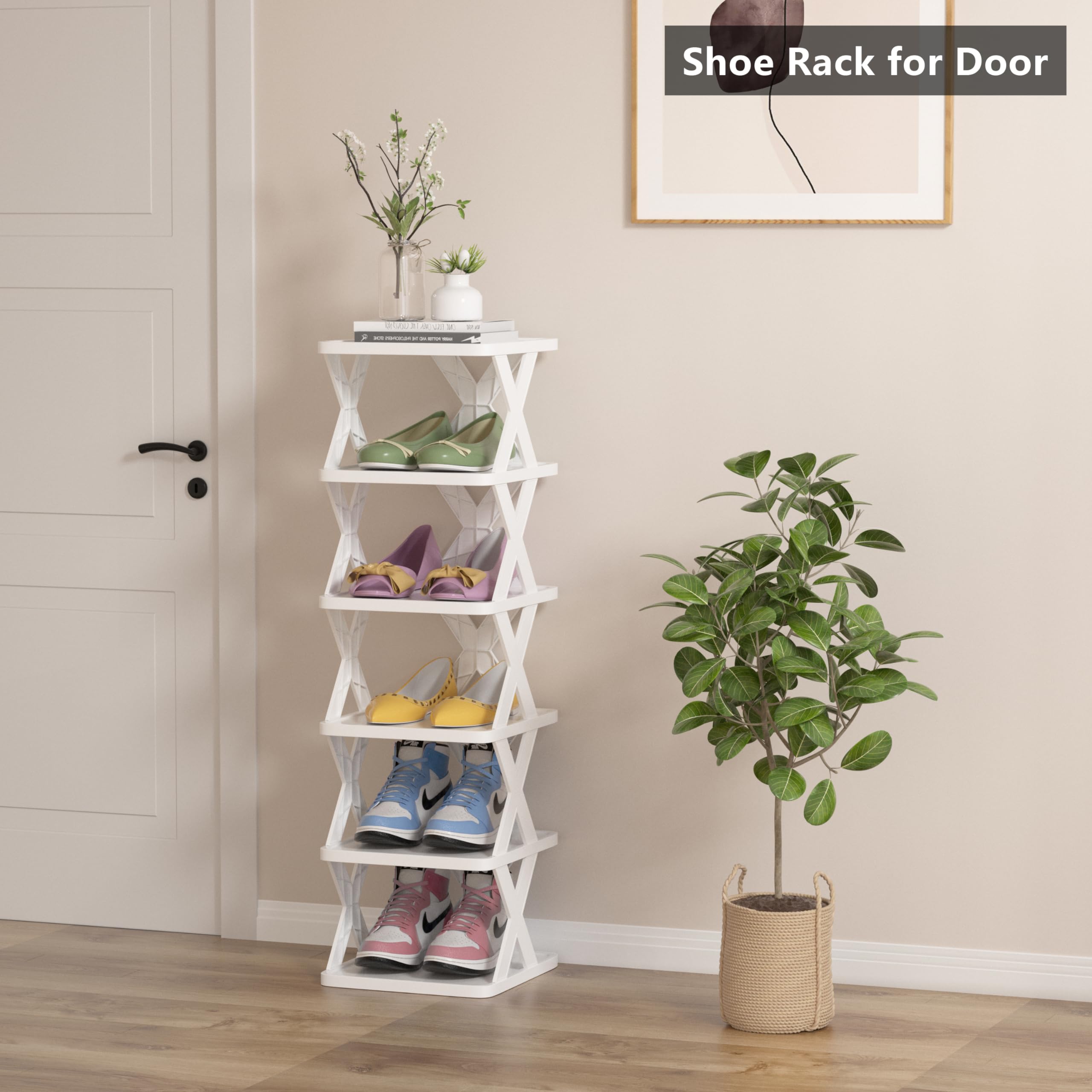 FASTSPOK White Shoe Rack,Skinny Shoe Rack,Shoe Rack for Closet Floor,Space Saving DIY Free Standing Shoes Storage Organizer for Hallway,Easy Installation and Stable in Structure(6 Tier, White)