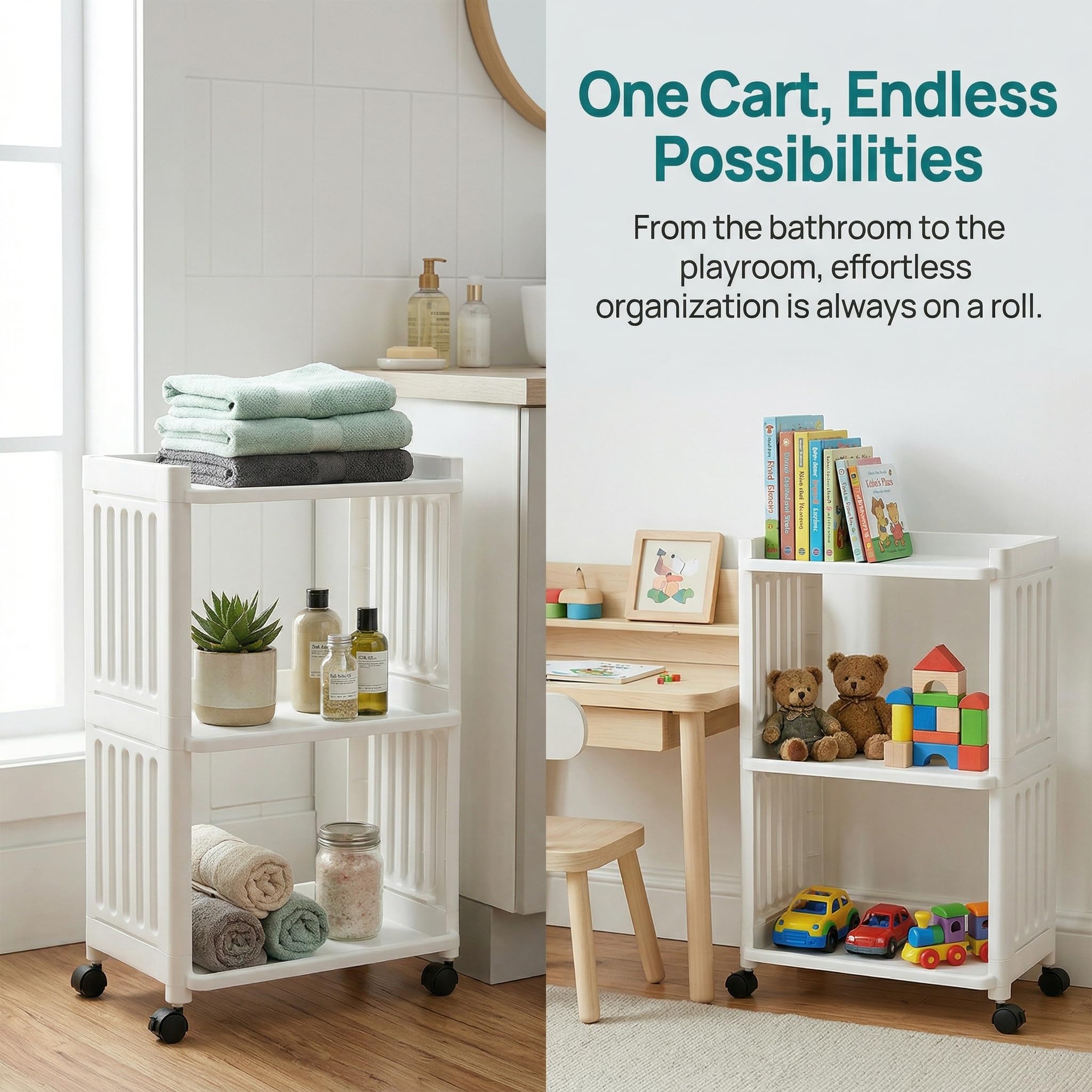 Carrello per fai da te, a 3 ripiani, in plastica, con 4 ruote, per bagno, cucina, bagno, soggiorno, ufficio, leggero, colore: bianco