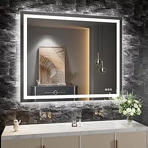 Amorho LED Bathroom Mirror 48"x 38" with Front and Backlight, Stepless Dimmable Wall Mirrors with Anti-Fog, Shatter-Proof, Memory, 3 Colors, Double LED Vanity Mirror(Horizontal/Vertical)