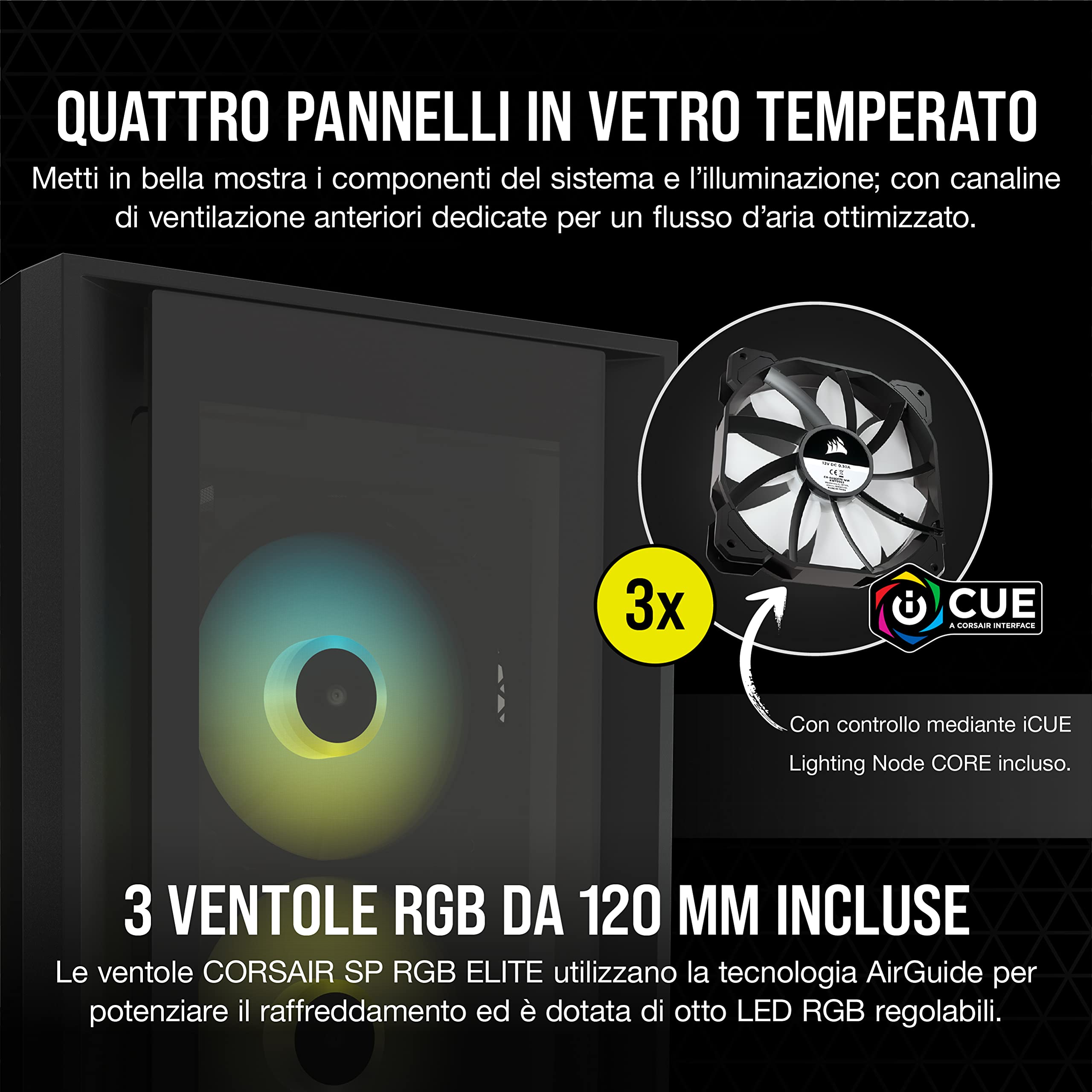 Corsair iCUE 5000X RGB Case ATX Mid-Tower, Quattro Pannelli in Vetro Temperato, Sistema di Gestione dei cavi Corsair RapidRoute, Tre Ventole RGB da 120 mm Incluse, Nero