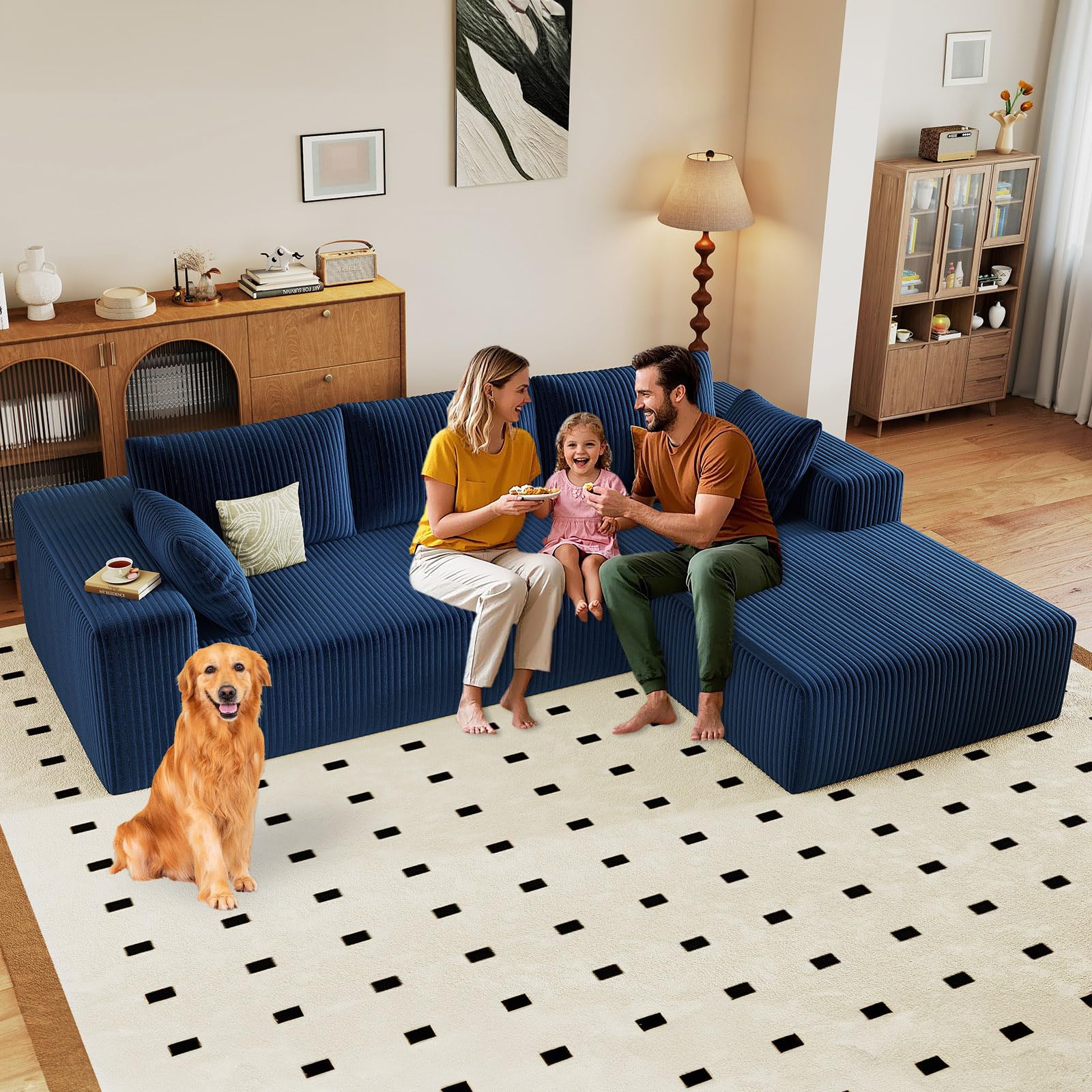 96" Modular Sectional Sofa, Modern Corduroy Cloud Couch with Deep Seat, Boneless Couch Upholstered 3-Seater L-Shaped Sofa for Living Room, No Assembly Required (Blue, Right-Facing Chaise)