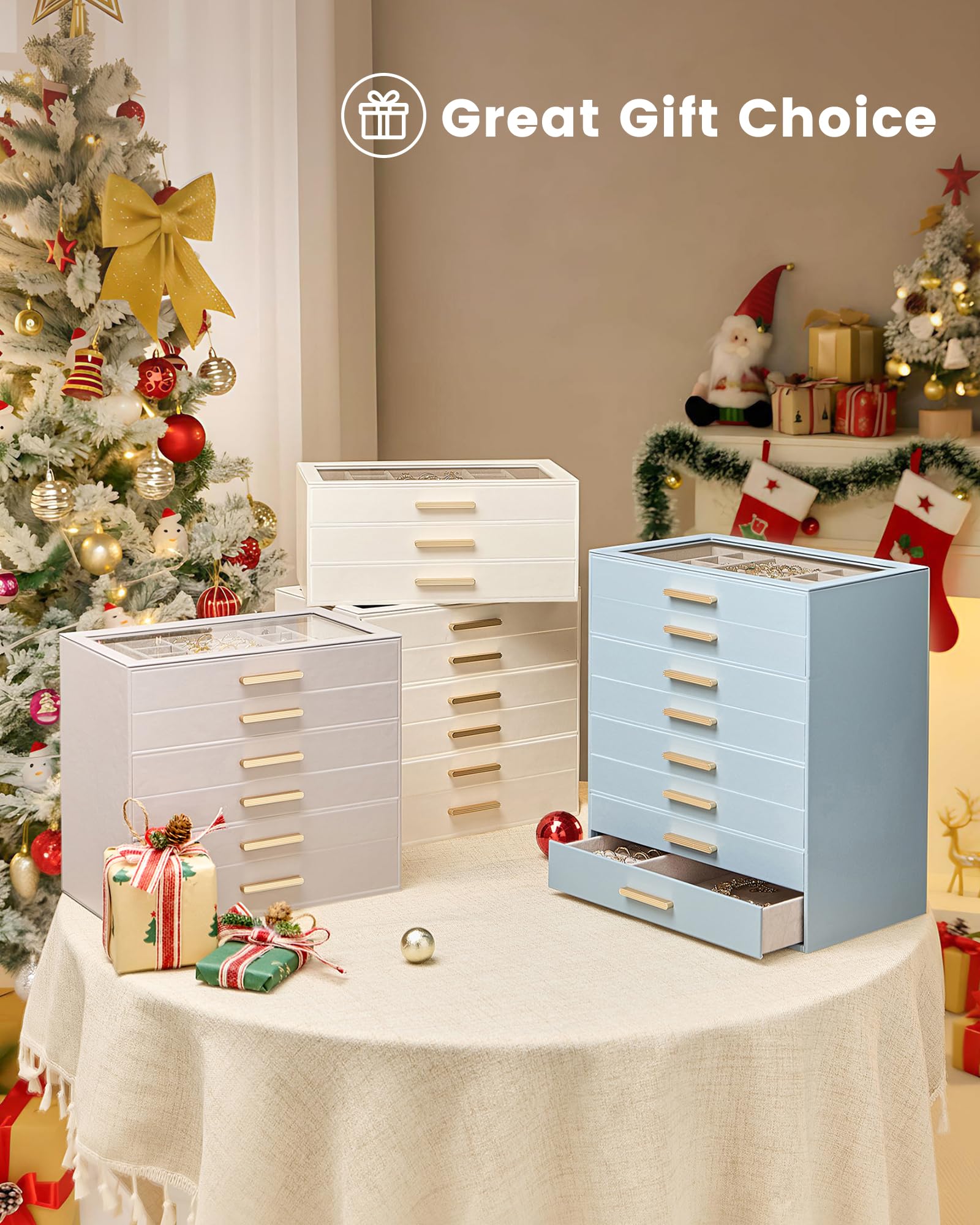 Lolalet Jewelry Box Organizer, 3-Layer Jewelry Organizers and Storage Case with Glass Lid, Ring Earring Bracelet Necklace Holder Organizer, Birthday Christmas Gifts for Women Girls -3Layer, Beige