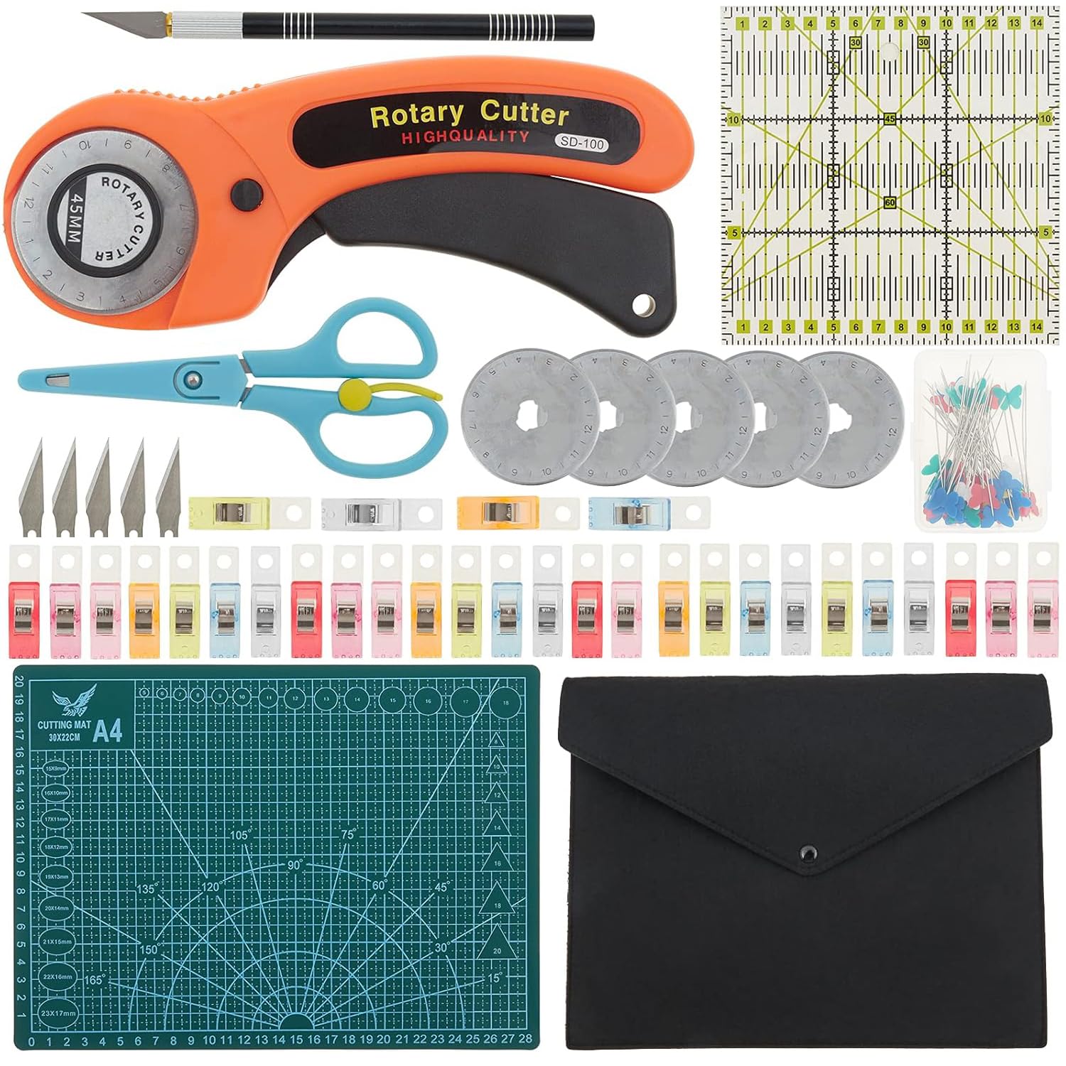 96pcs Rotary Cutter Set for Quilting & Sewing – 45mm Fabric Cutters with 5 Extra Blades, A4 Self-Healing Cutting Mat & Acrylic Ruler – Perfect for Fabric, Paper, Leather, Cloth, Crafting