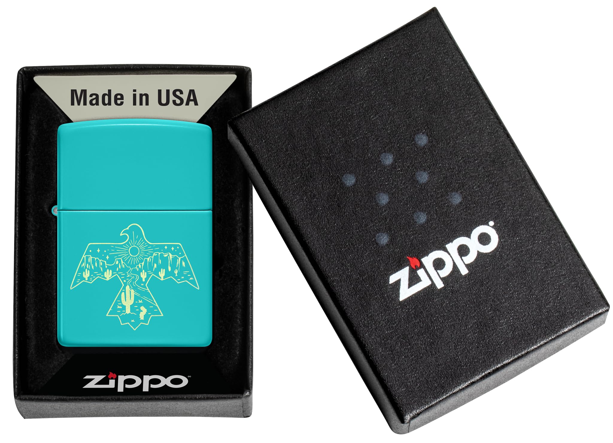 Zippo Western Thunderbird Zapalniczka Sztormowa, Grawerowanie Laserowe, Wielokrotnego Użytku, do Napełniania, Wiatroodporna Konstrukcja, Pudełko na Prezent, Wykonano w USA, Turkusowy (Flat Turquoise)