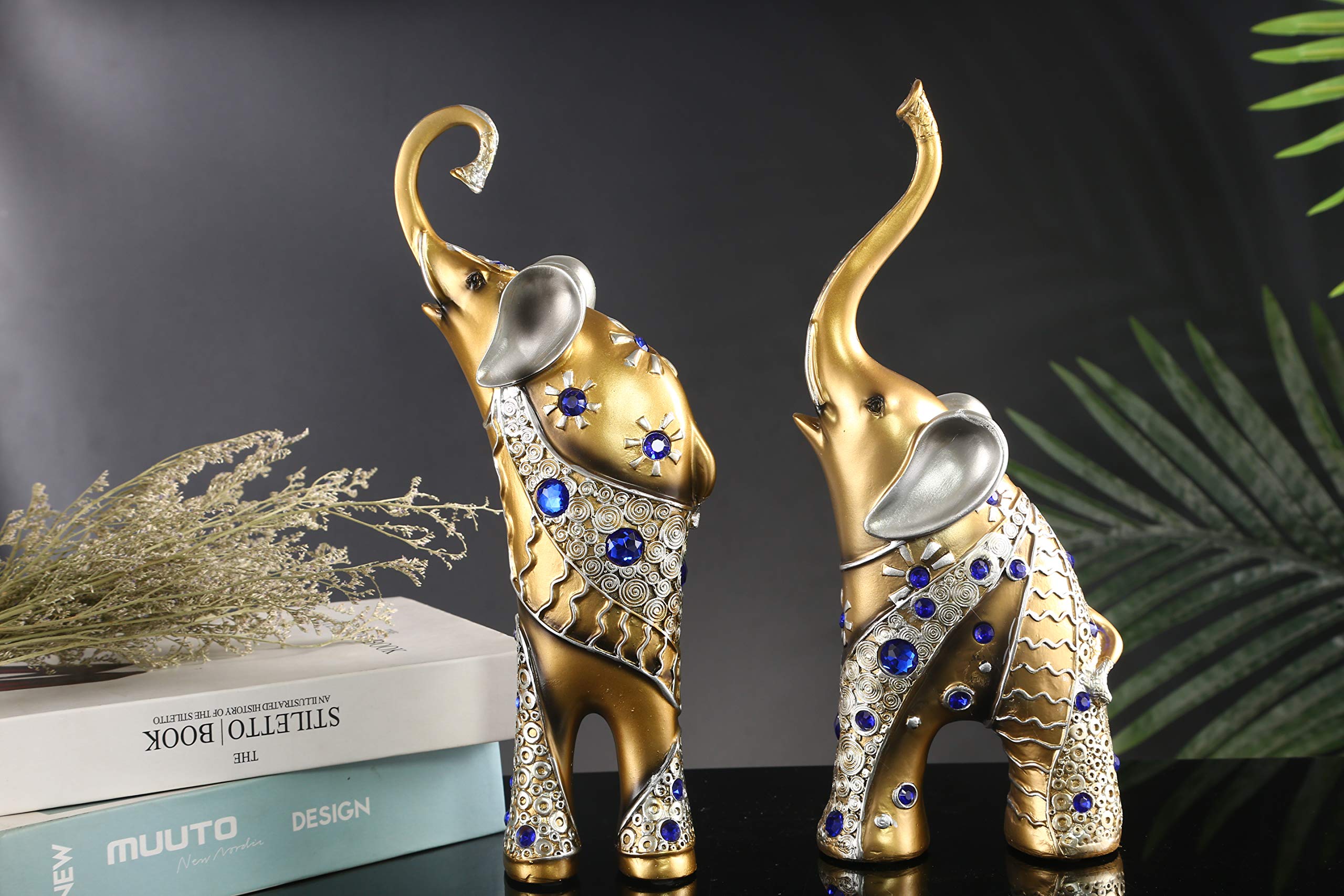 Mose Cafolo Zestaw 2 szt. para dużych 30 cm wysokości złotych Feng Shui tajskich posągów słonia figurki z pięknym niebieskim klejnotem bogactwo szczęśliwa figurka prezent i wystrój domu