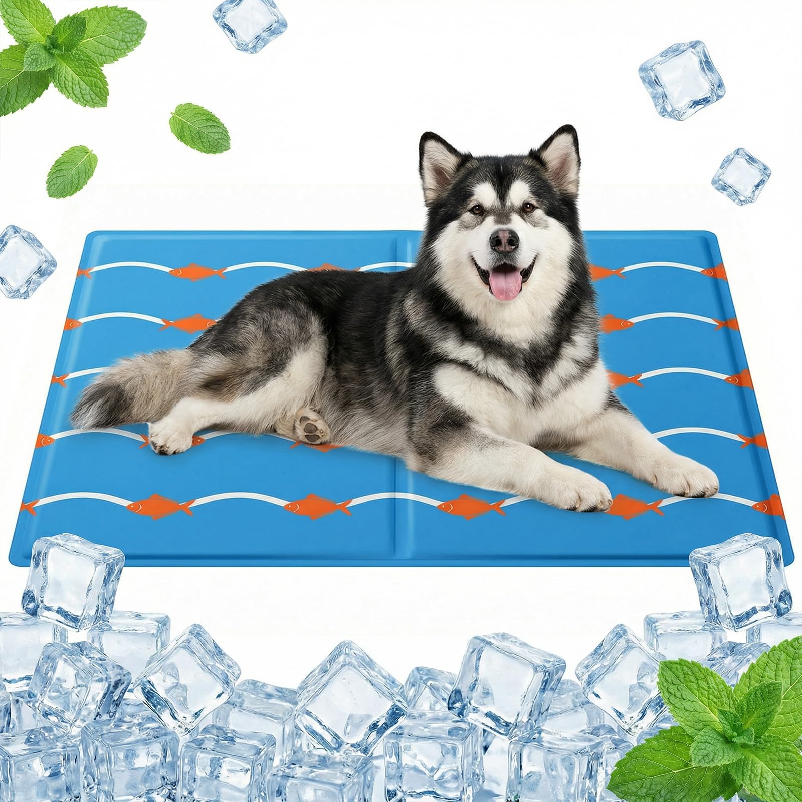Qoosea Cooling Mat for Dogs and Cats 50 x 90 cm – Fish and Wave Design, Self-Cooling Cooling Mattress, Waterproof and Foldable for Home, Car and Travel
