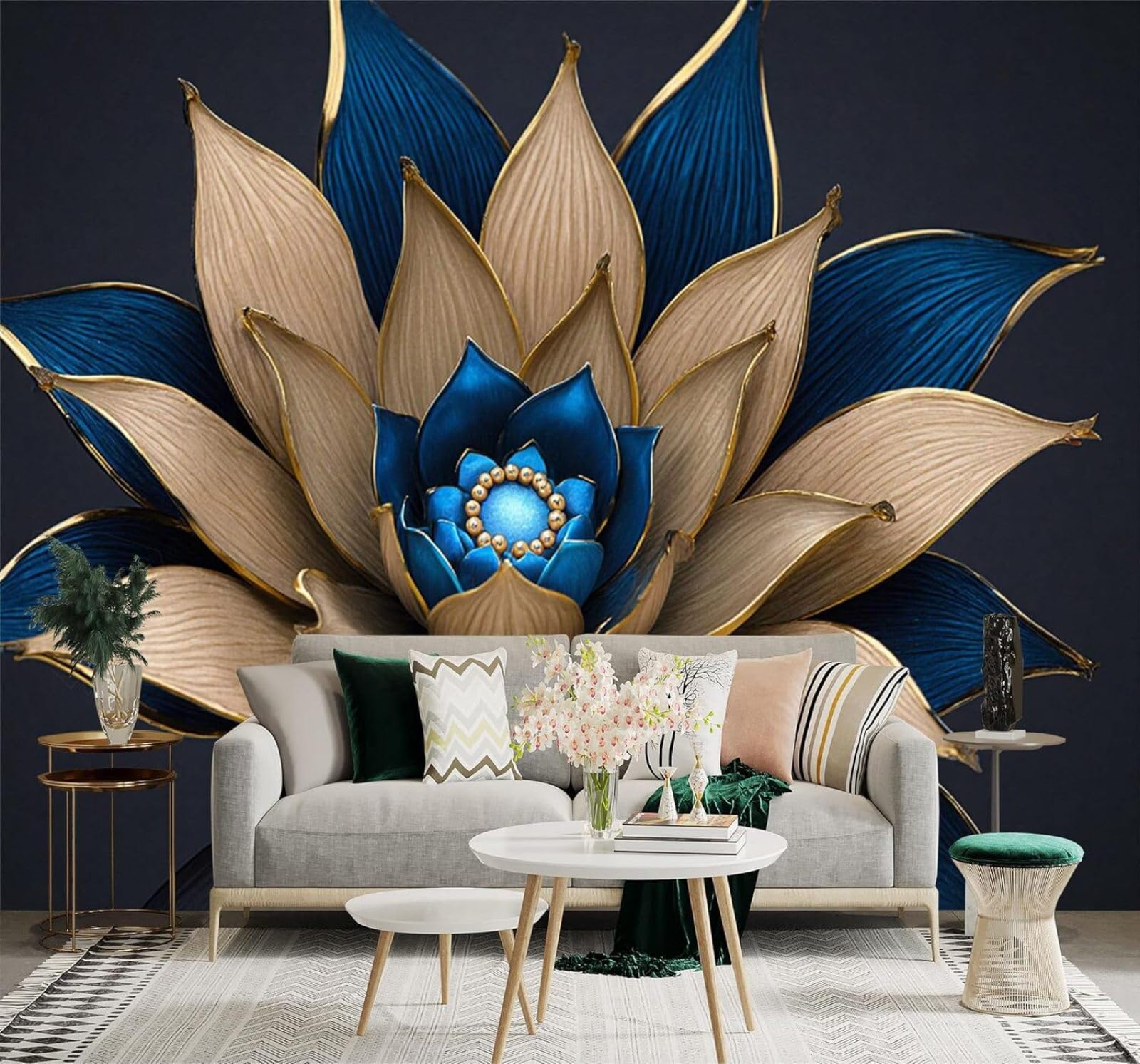 XLMING Minimalist Elegant Blue and Gold Lotus Petals 3D Wallpaper Premium Textured Silk Study Dining Living Room Bedroom Sofa TV Wall Easy Install-430cm×300cm
