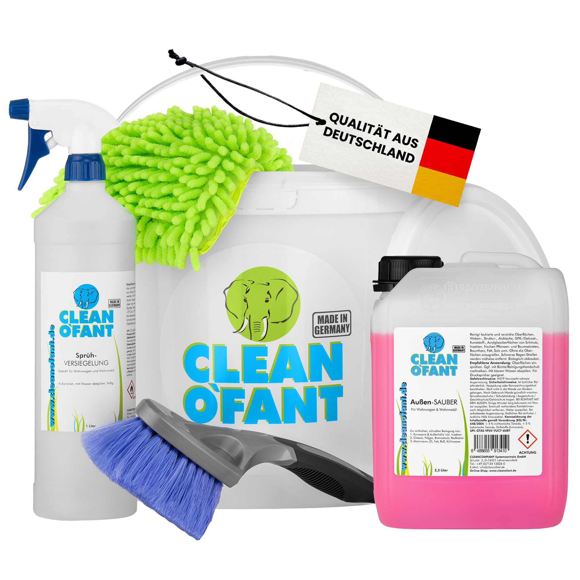 CLEANOFANT Außen Reiniger & Versiegelung Set für Wohnwagen & Wohnmobil | 2,3L Außen-SAUBER, 1L Sprüh-Versiegelung, Waschbürste, Waschhandschuh & Wascheimer - Pflege & Schutz für GFK Lack Acrylglas