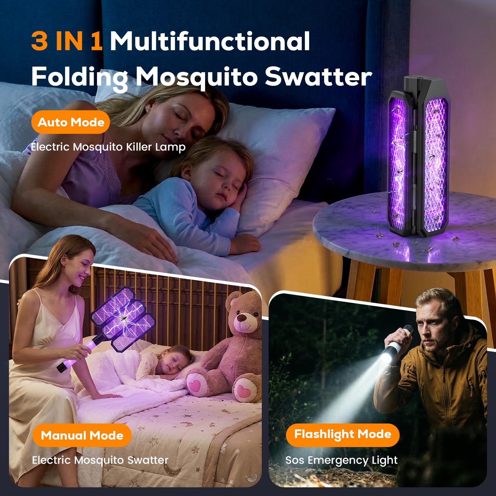 Lampe Anti Moustique, Raquette Anti-Insectes 2 en 1, Tueur D'insectes Portable avec lumière UV, Batterie Rechargeable de 4000 mAh, Électrique Anti Insectes, Design de Voyage Compact