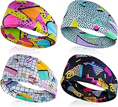 Pack of 4 Hair Bands with Retro Print, Mabor 80s Headband Hair Bands Unisex Headband Women's Neon Colours Headband Elastic Hair Band Fitness Accessories Sports Wide Hair Band Party Hair Accessories