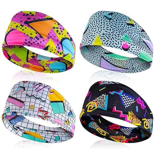 Diadema de neón, 4 unidades con estampado retro, bufandas para la cabeza, bandana de neón de los años 80, diadema elástica, accesorios de