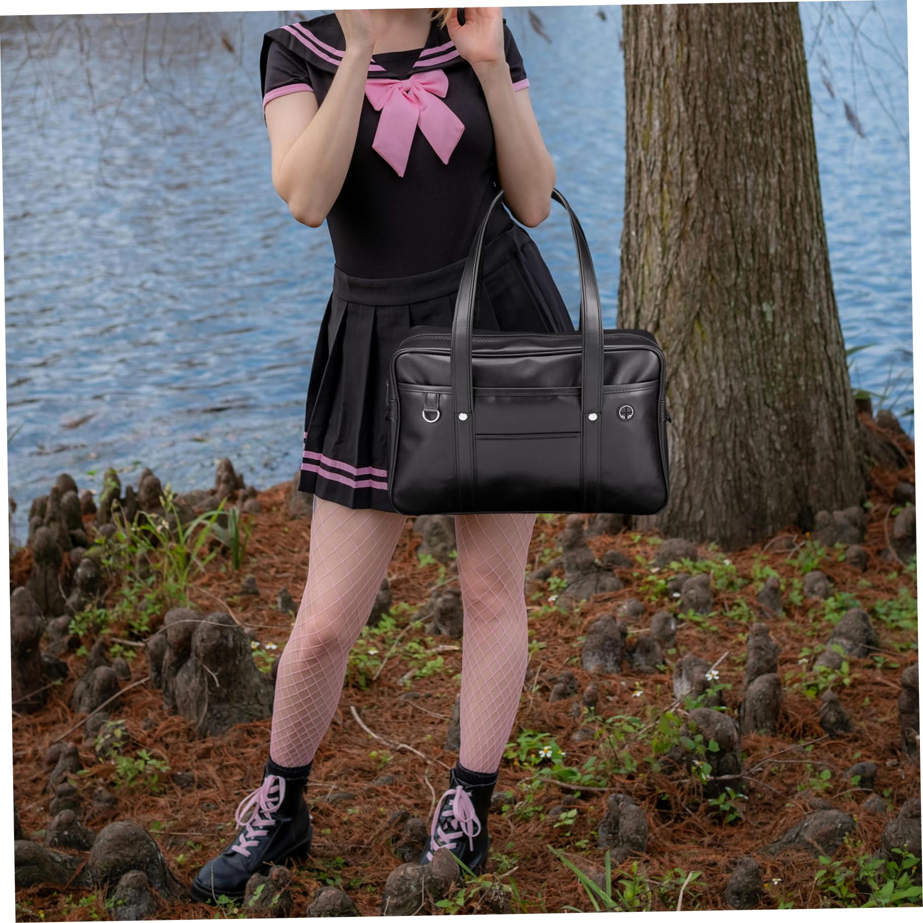 Borsa scuola giapponese grande capacità PU pelle borsa giapponese con tasca multipla scuola con cerniera borsa con foro per cuffie tracolla portatile Kawaii borsa a tracolla per ragazze o