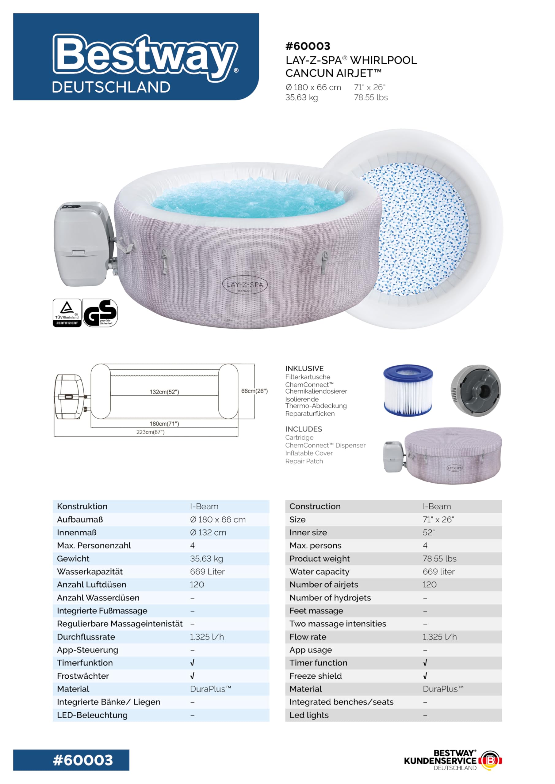 Bestway Lay-Z-SPA® 71" x 26"/1.80m x 66cm Cancun AirJet