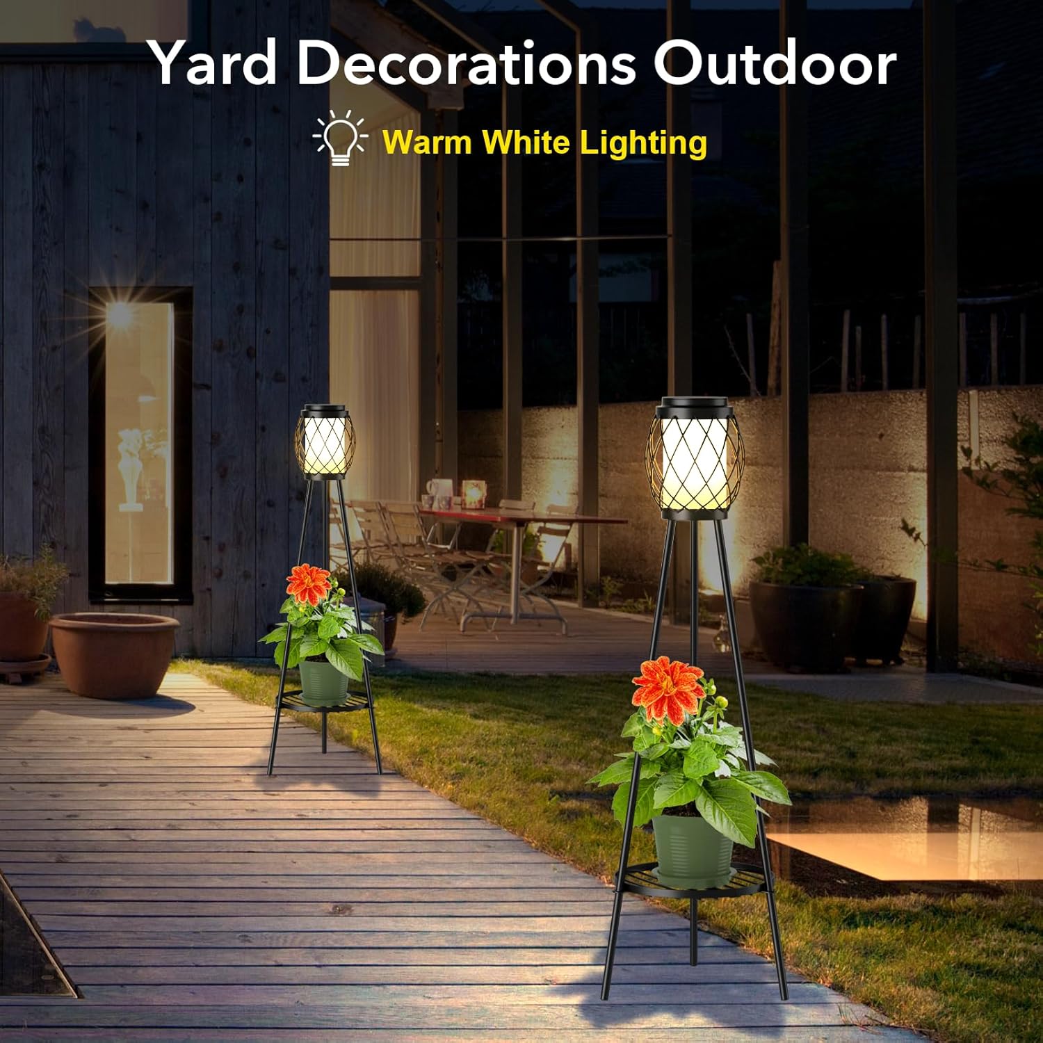 Solar Lights Outdoor with Plant Stands 2 Pack, Solar Floor Lamp Metal Tripod Patio Lights for Garden Yard Pathway Driveway Front/Back Porch Decoration-B- 2Pack Black - Single shelf