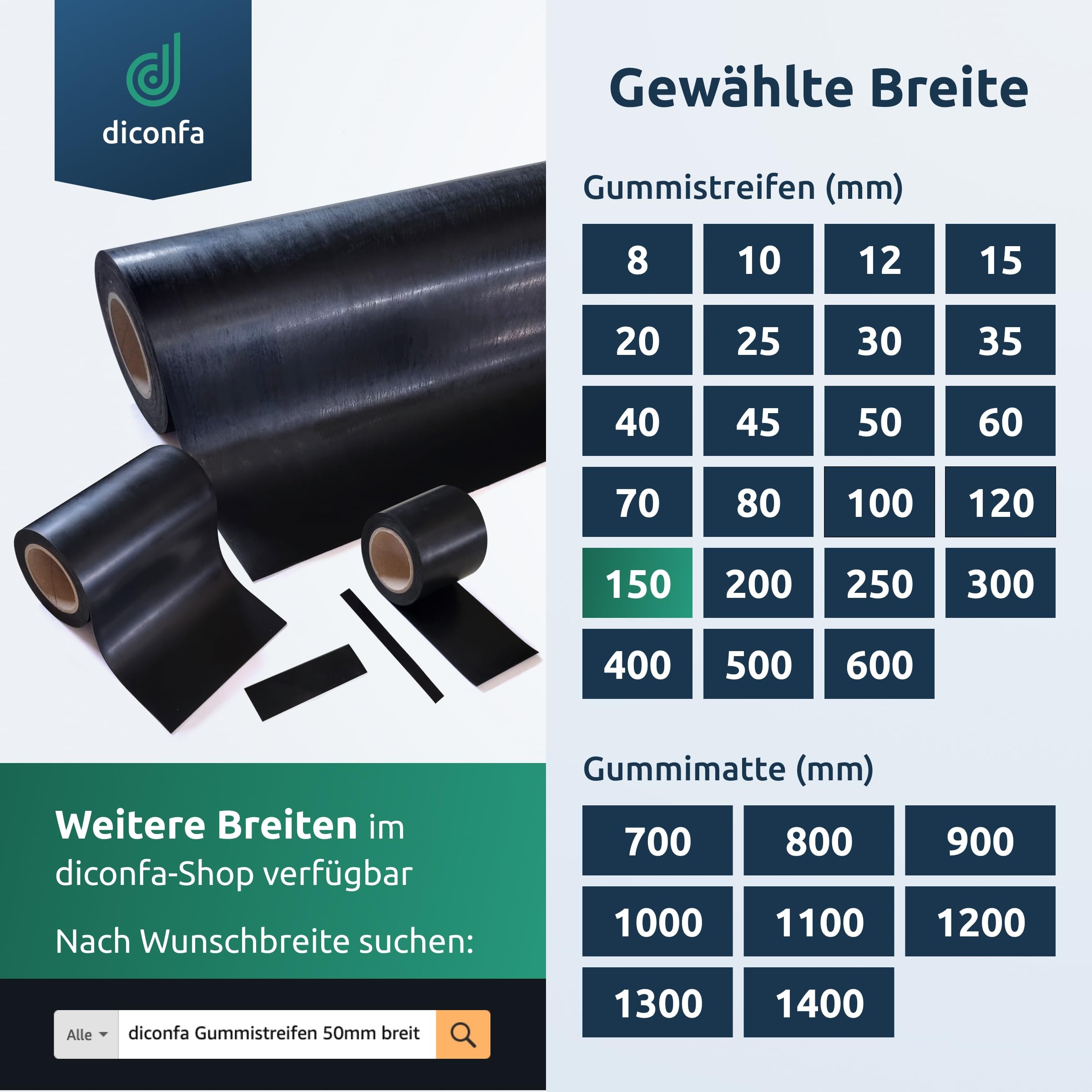 diconfa Gummistreifen SBR 150mm 15cm 0,15m BREIT, 10000mm LANG, 1mm STARK