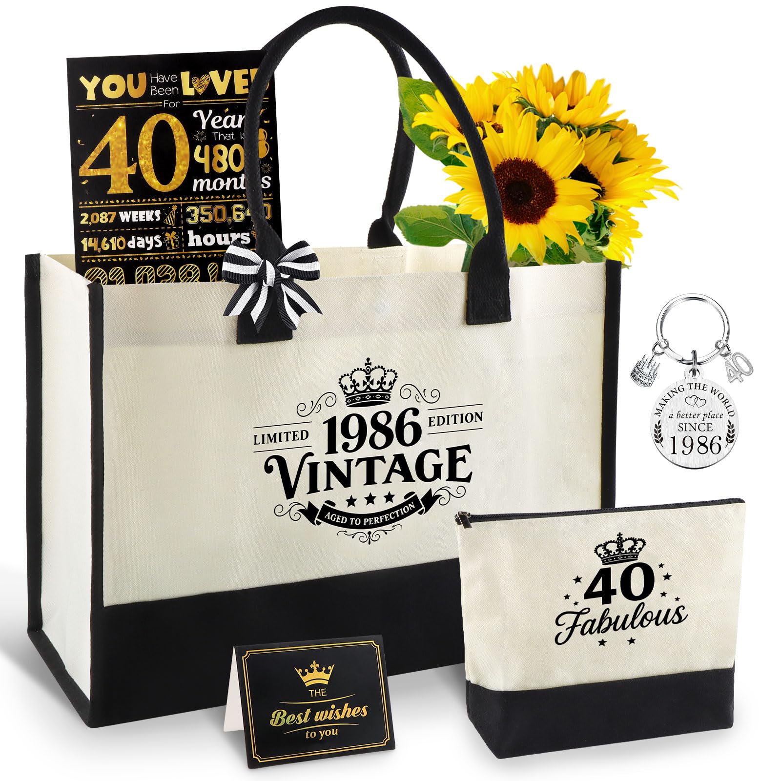 Cadeau ans femme Ensemble vintage sac cabas en toile imperméable trousse carte de vœux et porte-clés Cadeau souvenir durable et réutilisable pour maman amie ou épouse