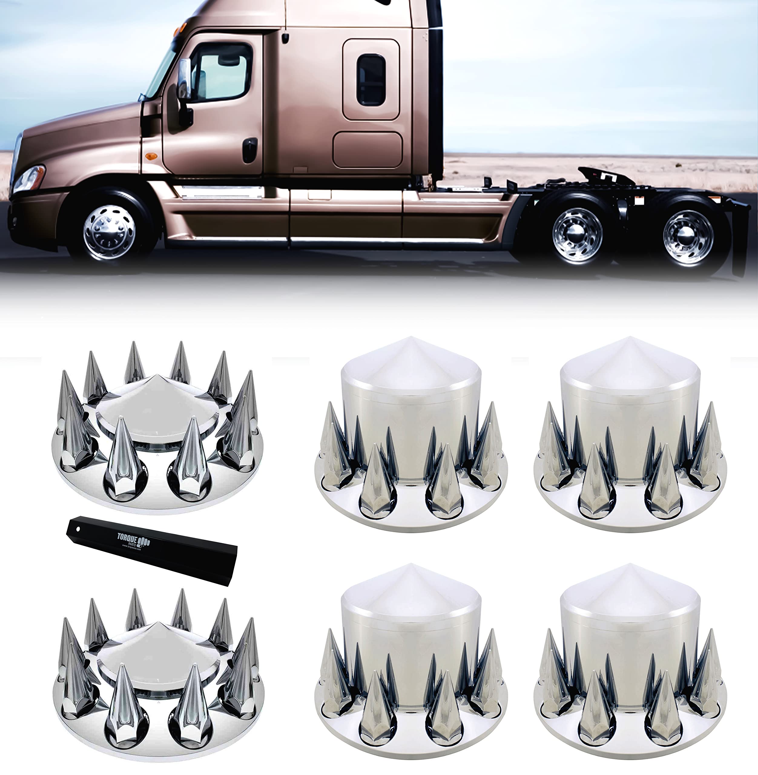 TORQUE Chrome Front and Rear Axle Complete Wheel Cover Set 33mm Spike Screw-on Lug Nut Covers for Semi Truck (Installation Tool Included) Spiked Hub Caps Kit (2 Front & 4 Rear) (TR571)