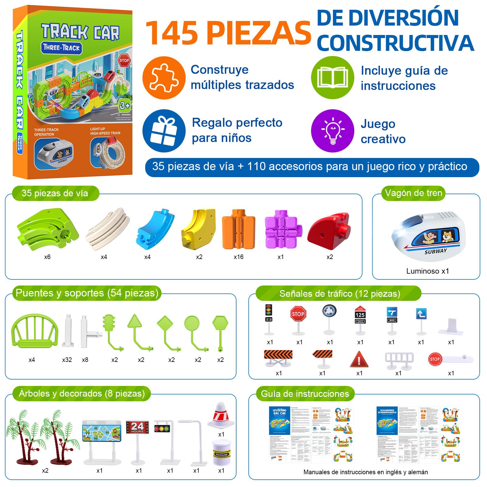 Circuito de Tren eléctrico de Cubos de 145 Piezas, Set de Tren 3D antigravedad, Juguete de vías DIY para Construir, Juguete Educativo Stem y Regalo Creativo para niños de 3 a 8 años