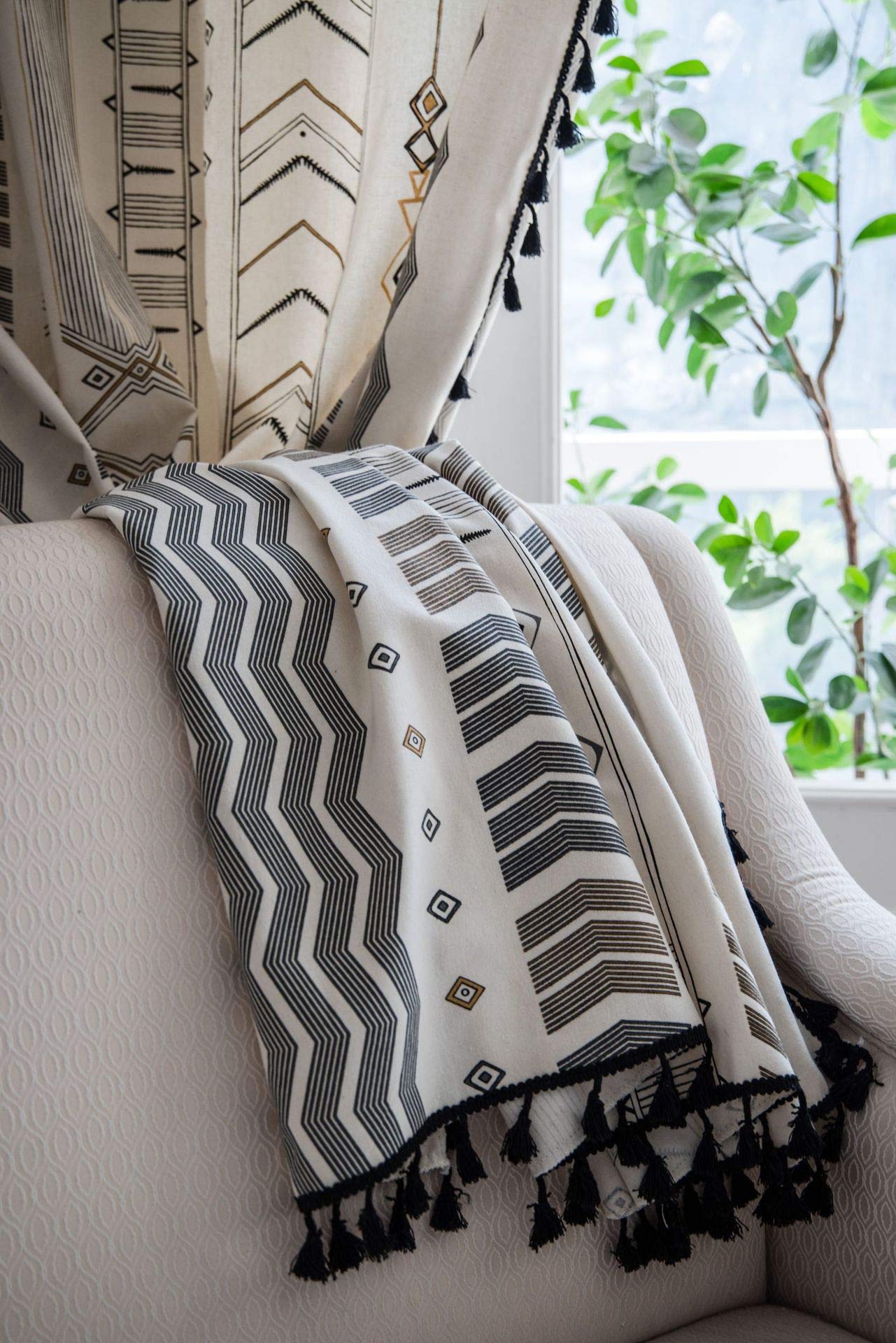 Boho Vintage - Tende con pompon semioscuranti, con occhielli, in cotone e lino, per soggiorno, camera da letto, motivo B, 150 x 220 cm