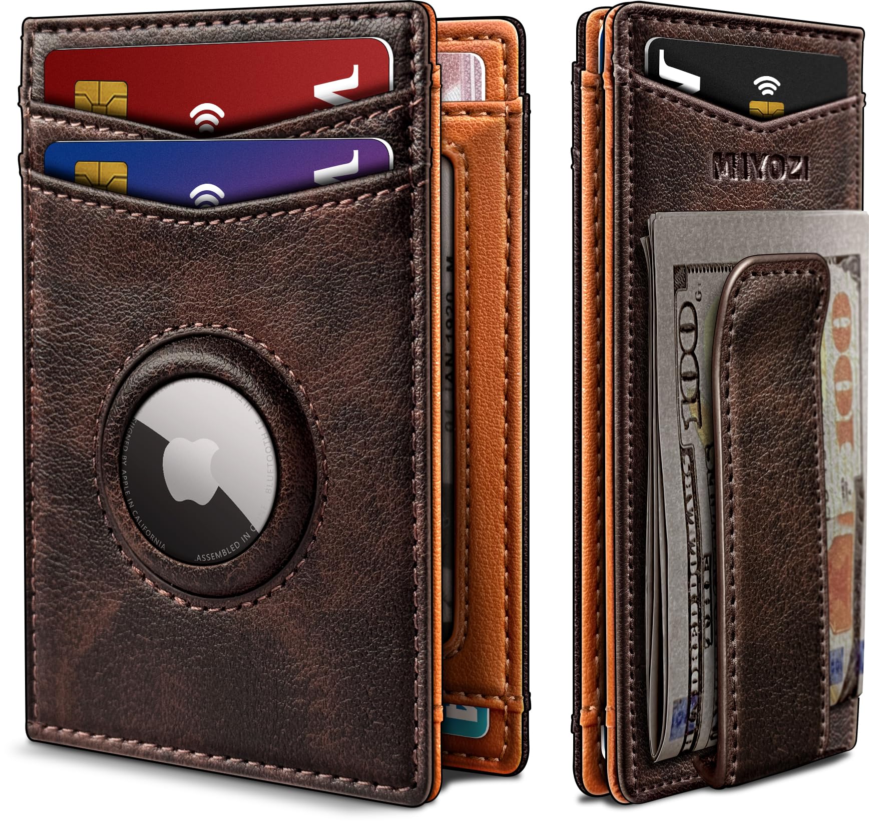 miyozi Airtag Wallet for Men- With Money Clip Gift Boxed, Magnetic Closure Slim Genuine Leather Front Pocket Wallet, 3.9"x 2.7", RFID Blocking