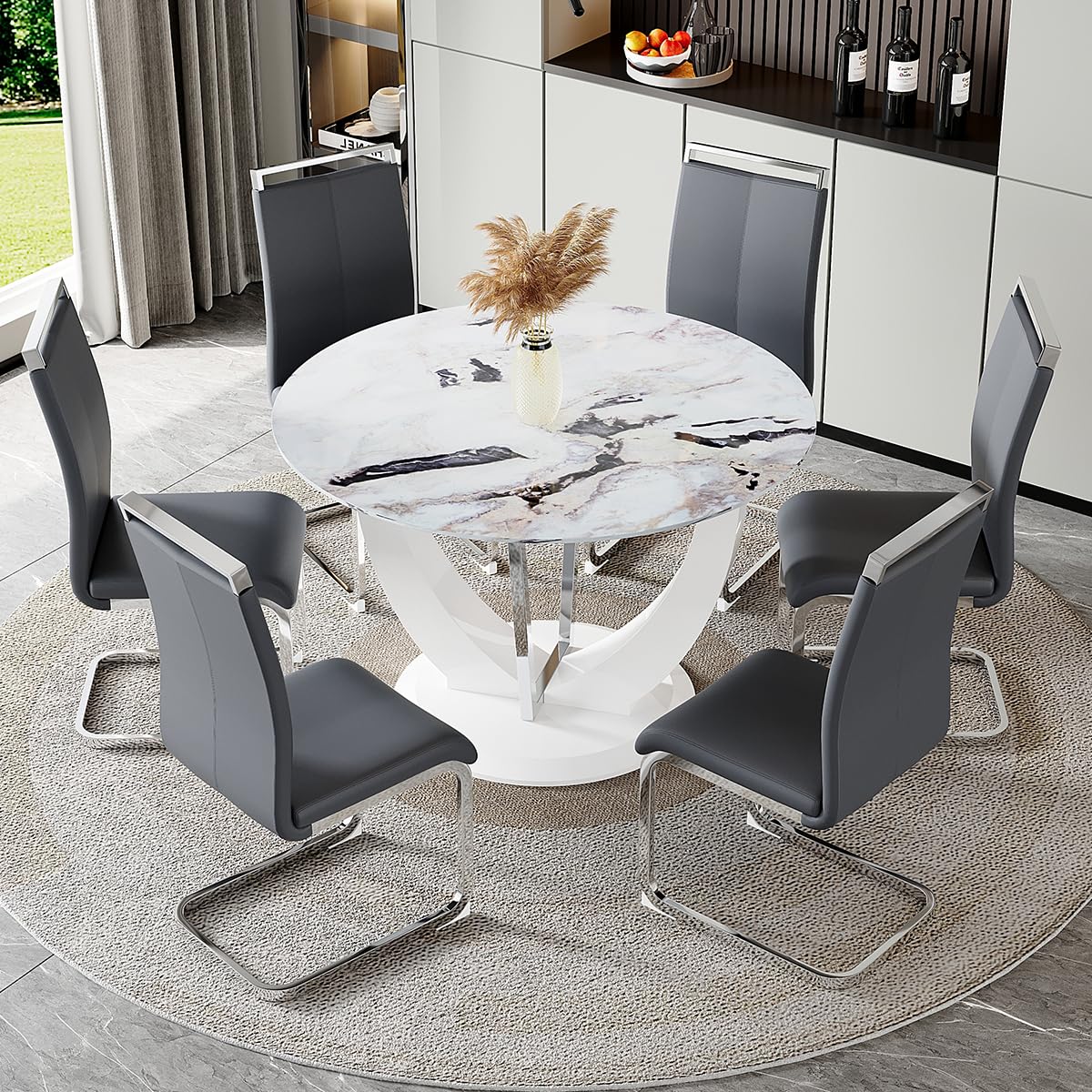 LFVFFA 47" Round Dining Room Table Set for 6, White Faux Marble Kitchen Table with 6 PU Chairs, Sintered Stone Tabletop with Pedestal, Modern Dinner