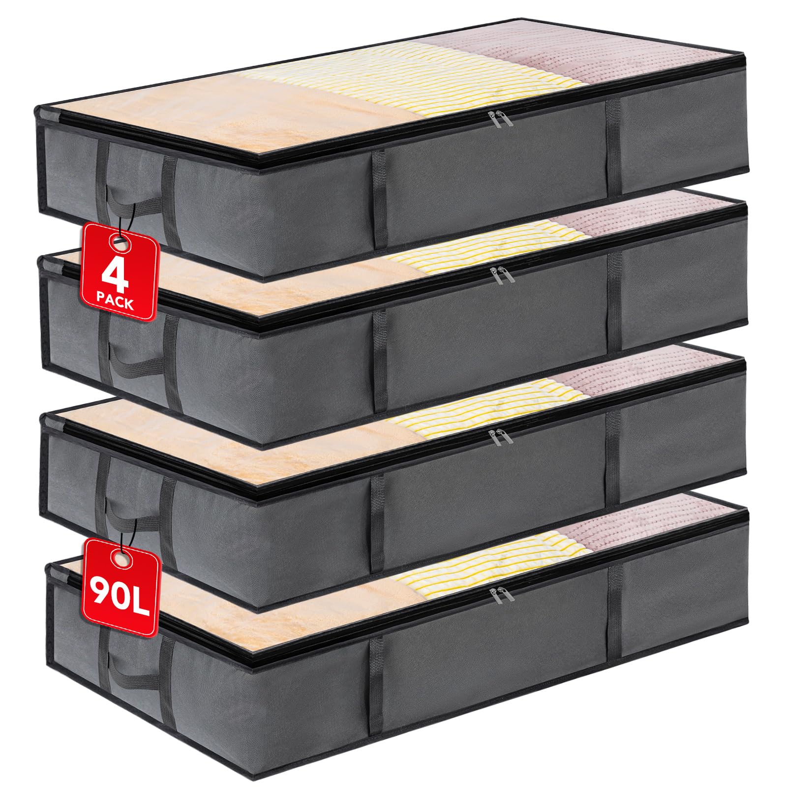Dntorx 4 Pack 90L Under Bed Storage Bags, Underbed Storage Boxes with lid