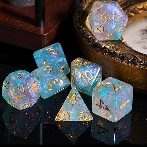 Miniatura 8 de UDIXI Juego de dados poliédricos de 7 dados con purpurina y remolinos cian DND para juegos de rol de Calabozos y Dragones (rosa cian)