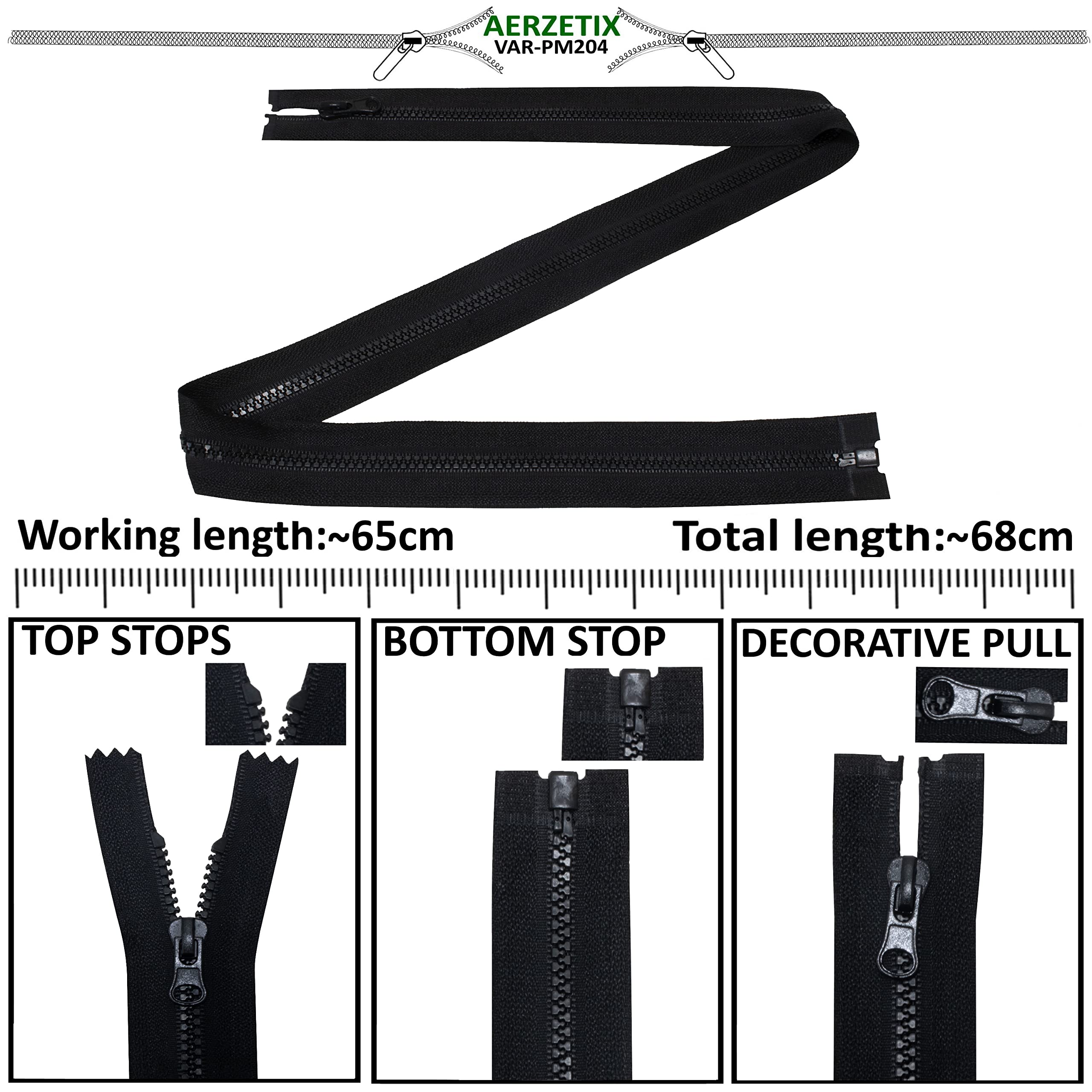 Aerzetix - C63875 - Set di 2 Cerniere Lampo iniettate N°3 65cm separabili - tiretto Decorativo - cursore in Metallo - Colore Nero - Rete Scorrevole Cucito Abbigliamento merceria Giacca