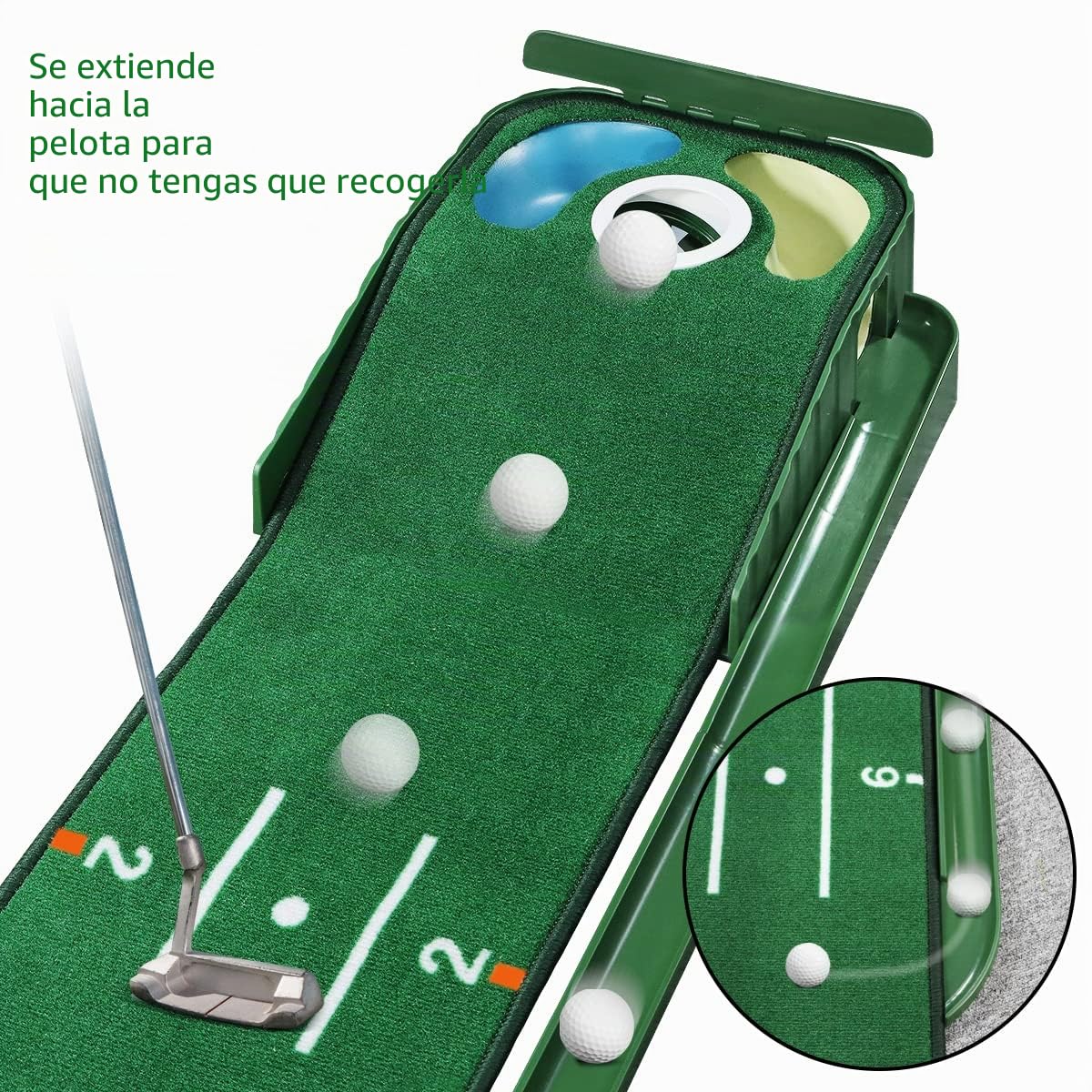 Tapete Verde de Golf para Interiores Con Retorno de Pelota y 3 Agujeros - Equipo de Entrenamiento y Práctica en Casa u Oficina - Accesorios de Regalo