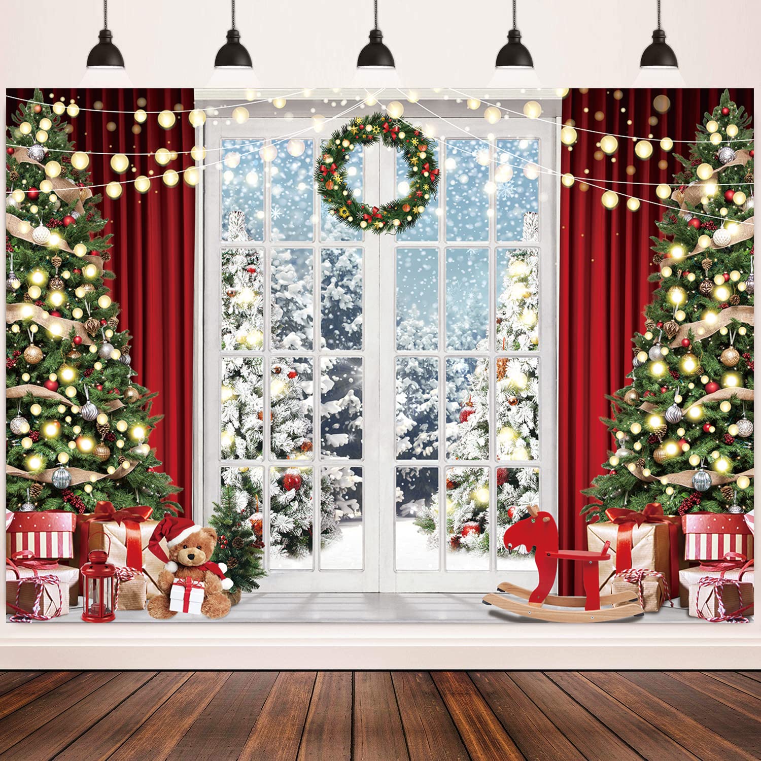 Christmas Window Photo Backdrop Winter Christmas Tree Backdrop Merry Christmas Holiday Snowflake Background Studio Props 7x5ft
