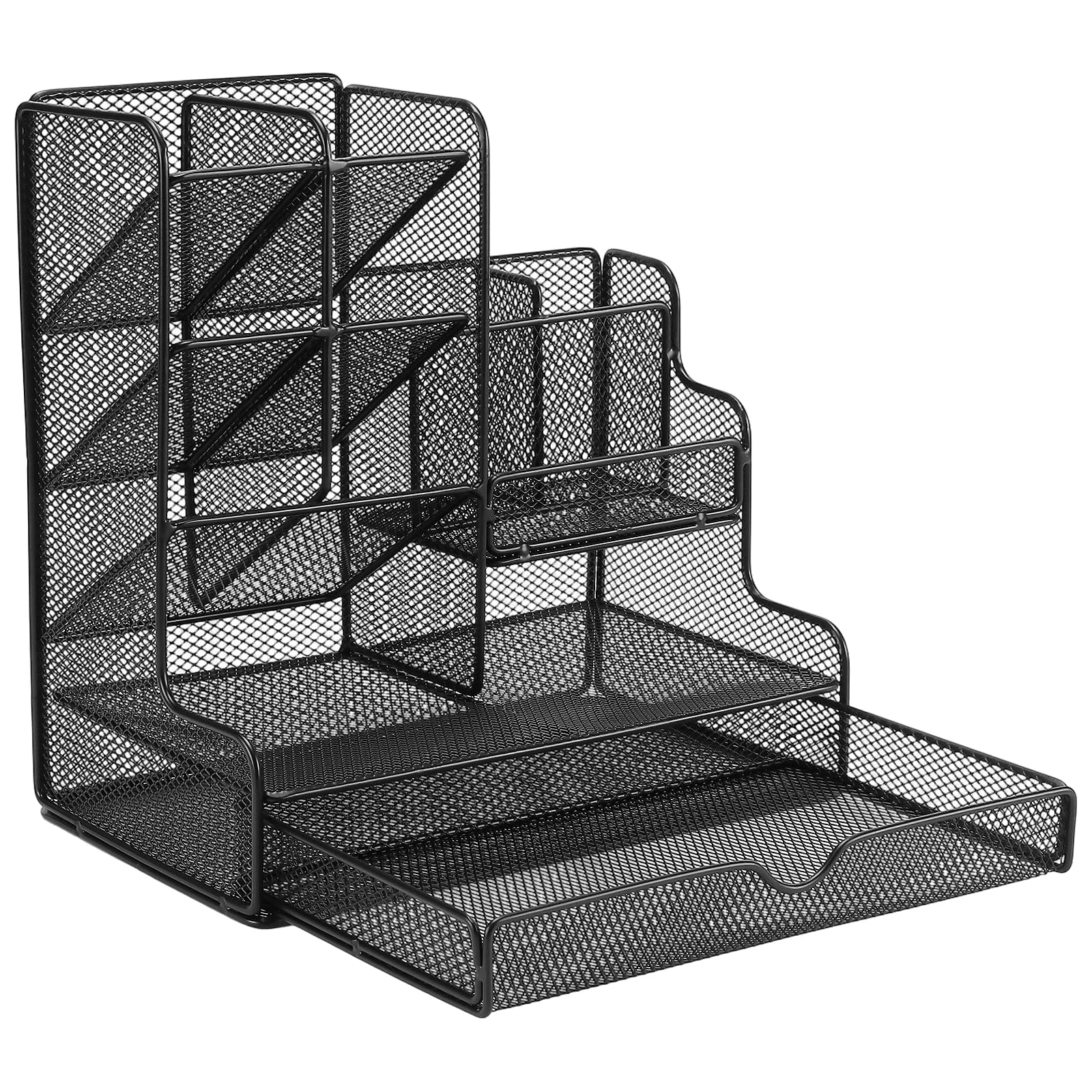 Organizer na biurko z 4 poziomami, 25,5 x 15 x 18,5 cm, czarny, półka na długopisy z metalu, akcesoria na biurko, siatka do domu, biura