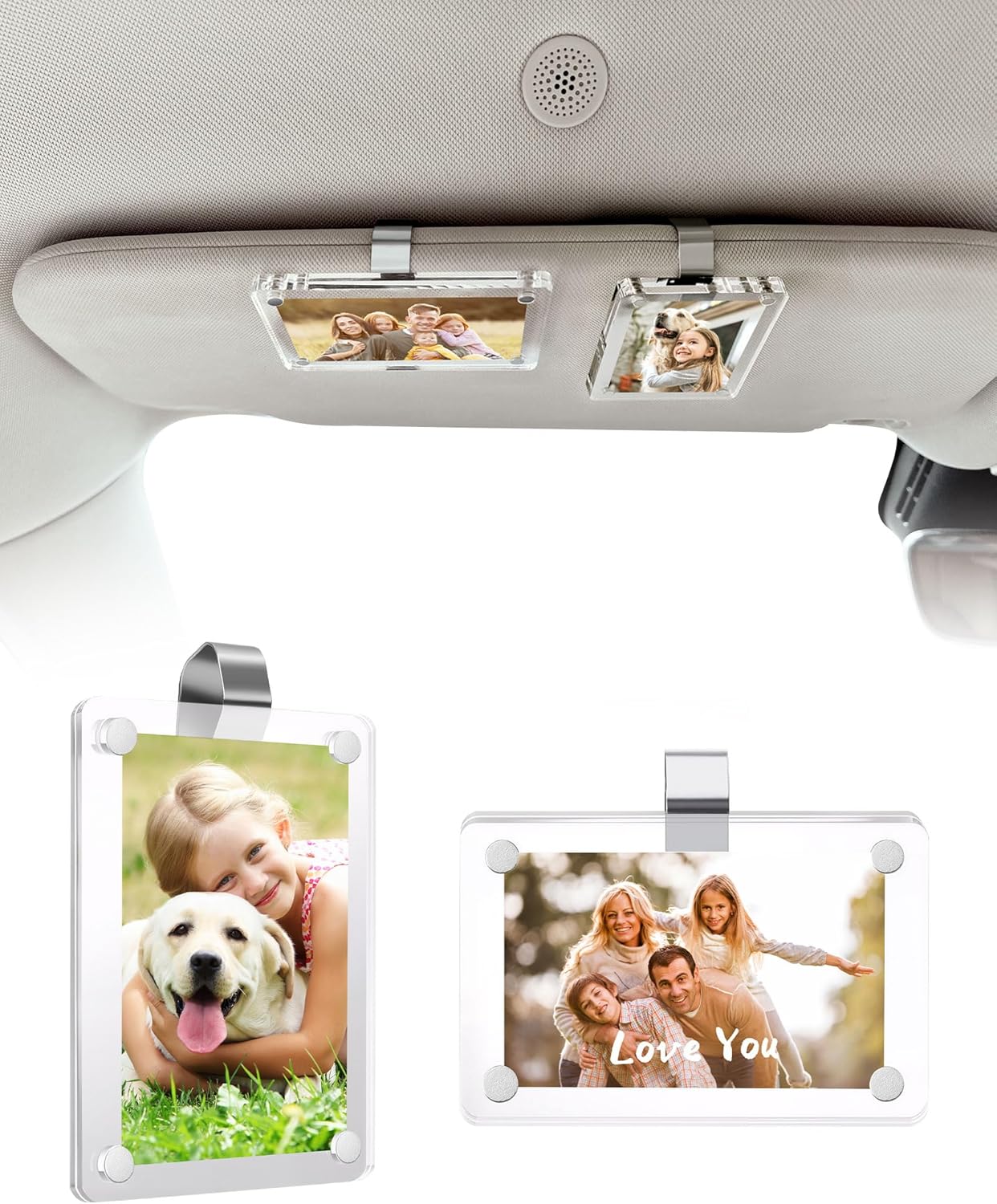 2Pcs Car Picture Holder for Visor Magnetic Picture Frame for 3 Inch Photos, Car Sun Visor Photo Holder with Strong Acrylic Magnet, Personalized Car Accessories with Clips for Easy Display