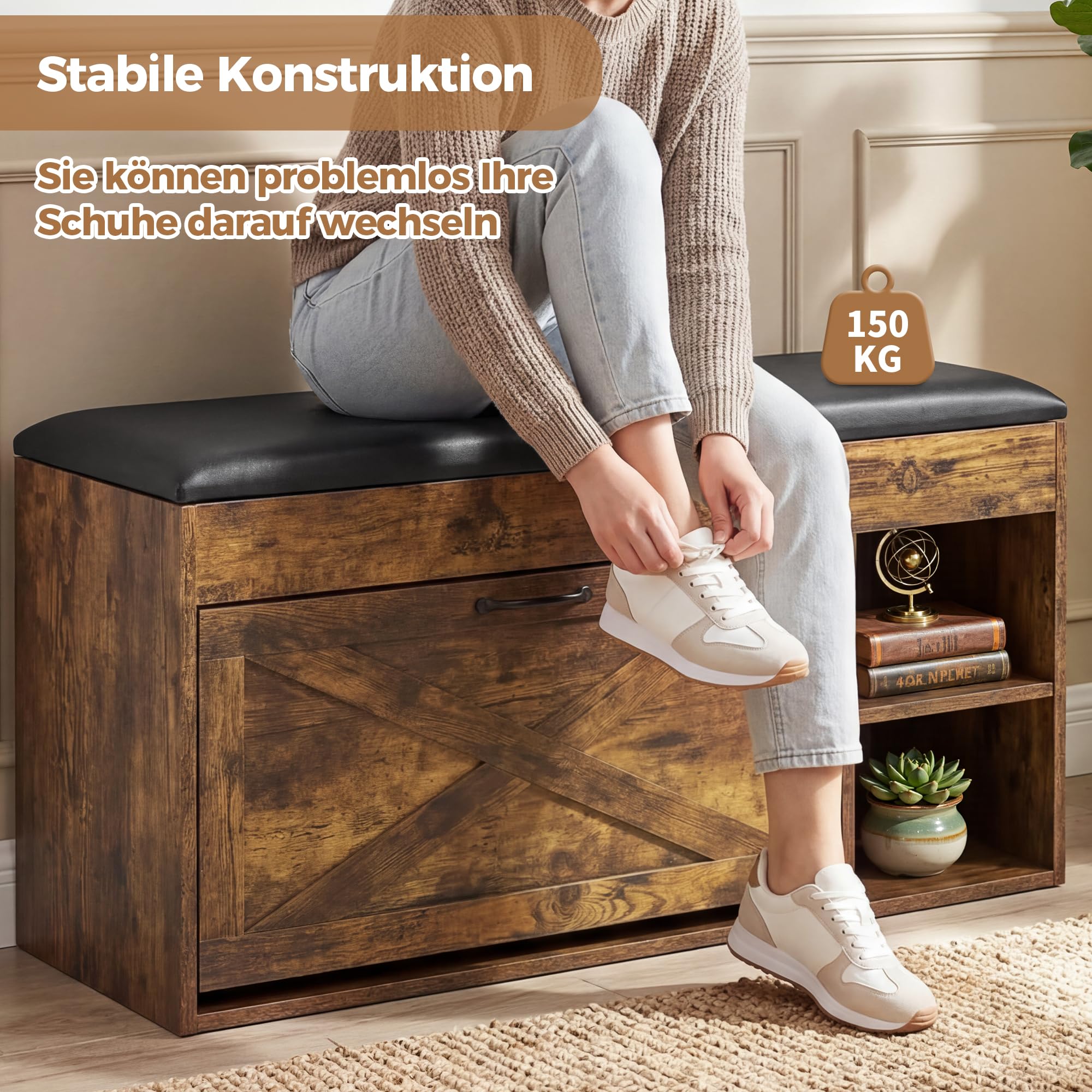 BonVache Schuhbank mit Sitzfläche, Sitzbank mit Stauraum, Schuhbank mit 3 Fächern, Fach unter Sitzkissen, verstellbare Regale, Schuhregal für Wohnzimmer, Flur, bis 150 kg belastbar, Vintagebraun