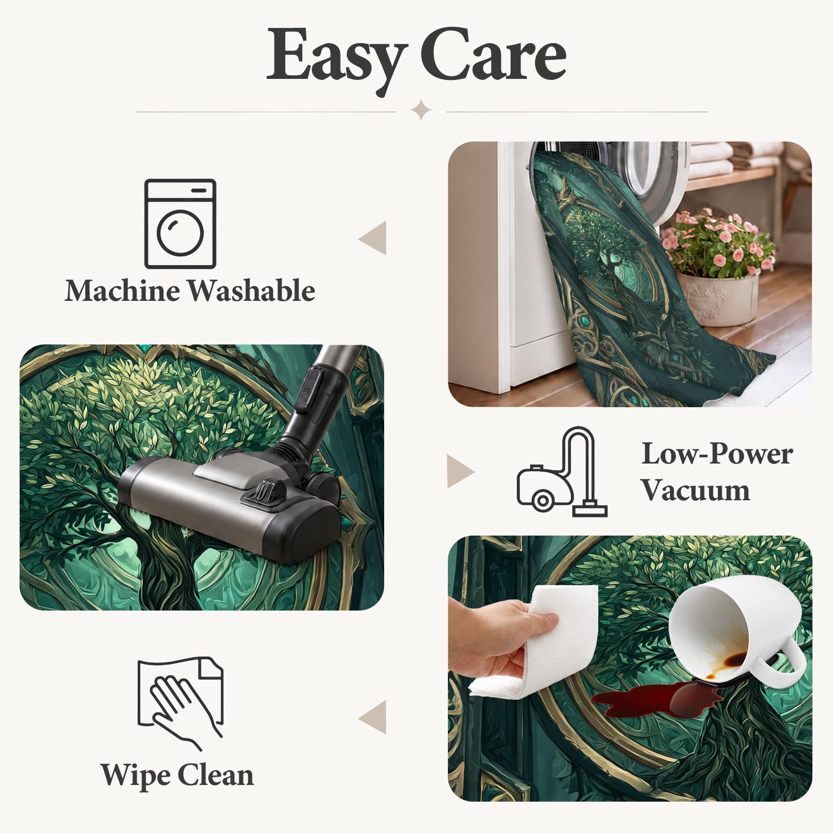 Générique Tapis Arbre de Vie Vert Lavable en Machine Antidérapant 80x150cm