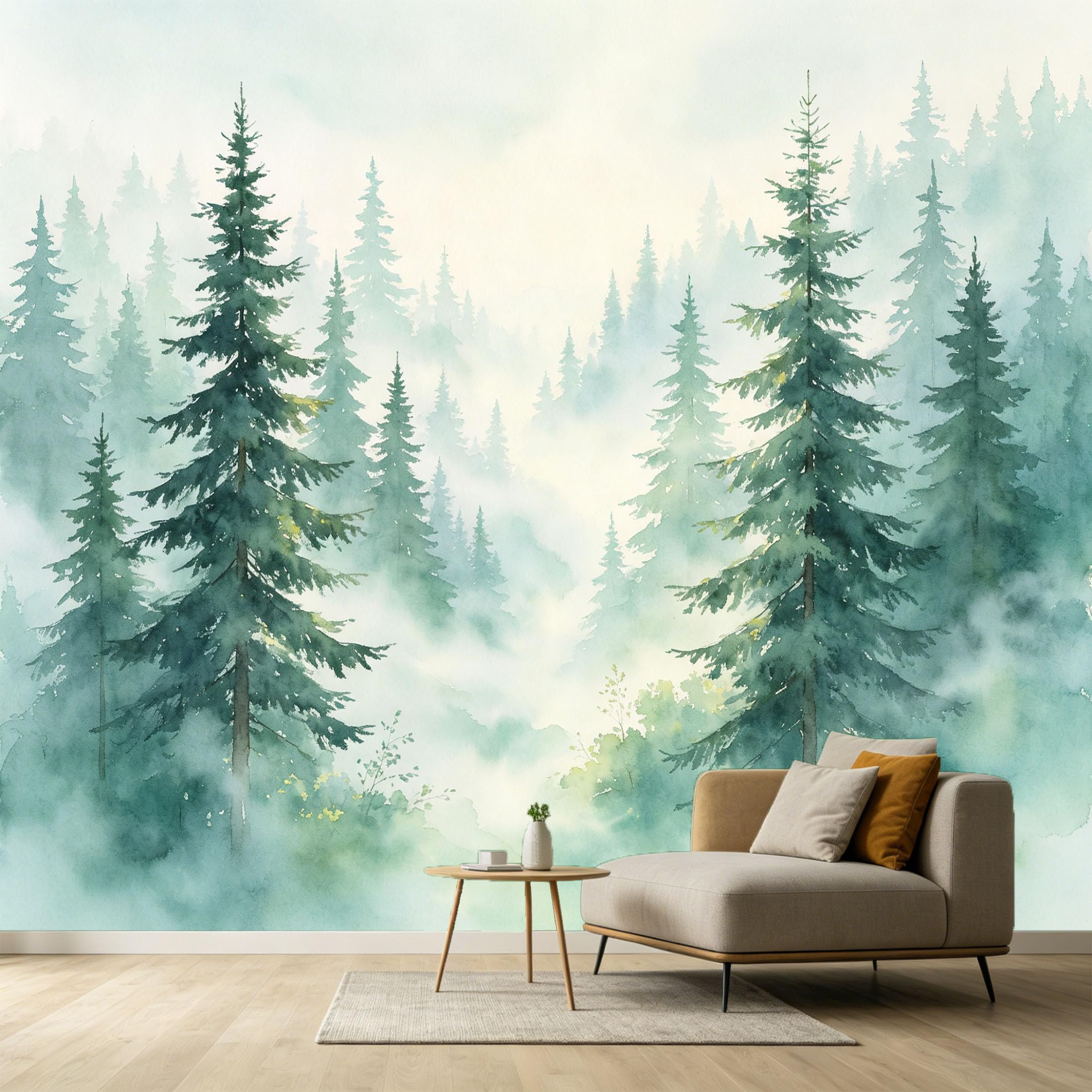 Custom Size Wall Murals Misty Pine Forest Watercolor Painting SelfAdhesive Wall Fabric Removable Large Wallpaper for Photo Living Room Interior Wall Decor Art