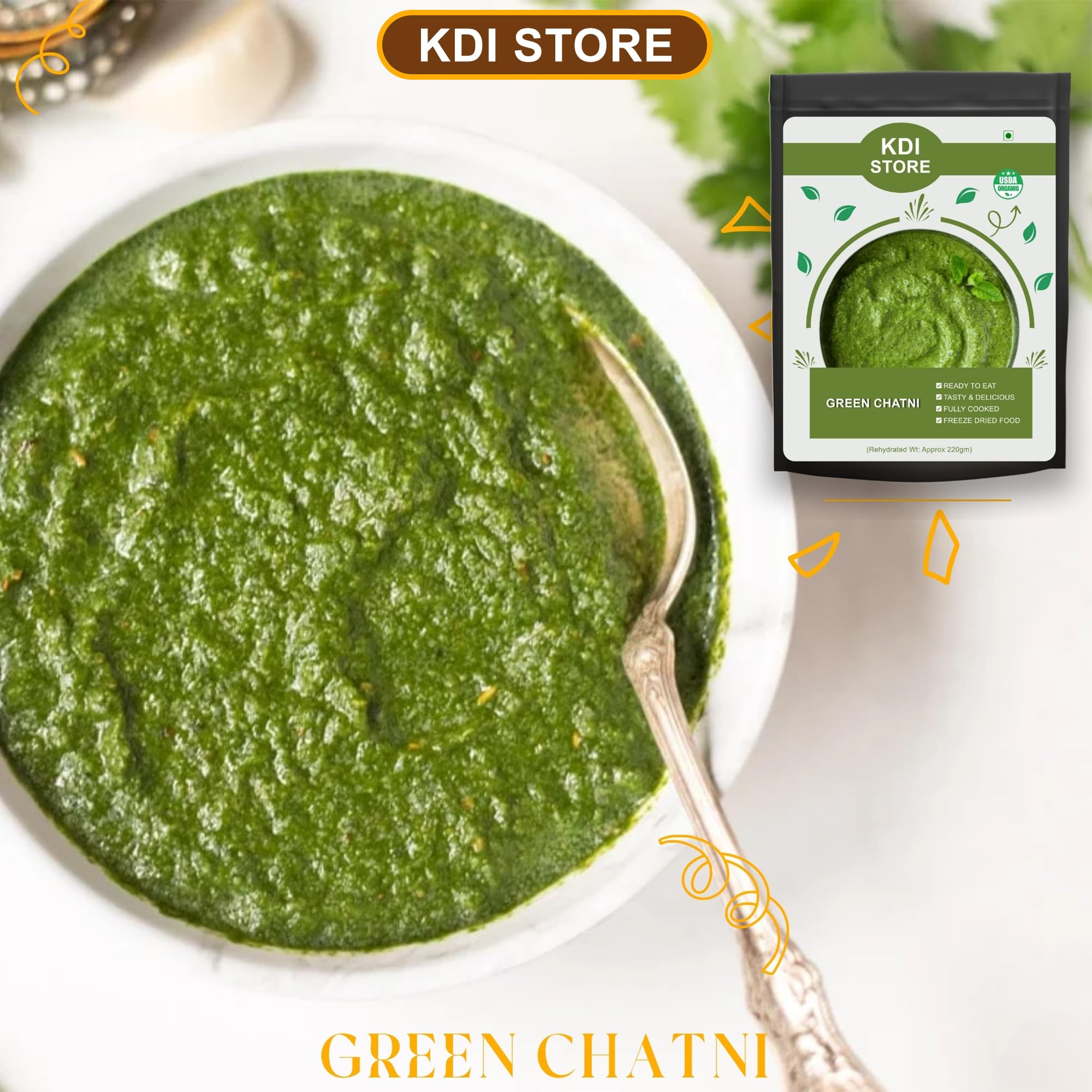KDI Store Organic Green Chutney, Ready to Eat, Freeze Dried, Fully Cooked Indian Condiment, 30g
