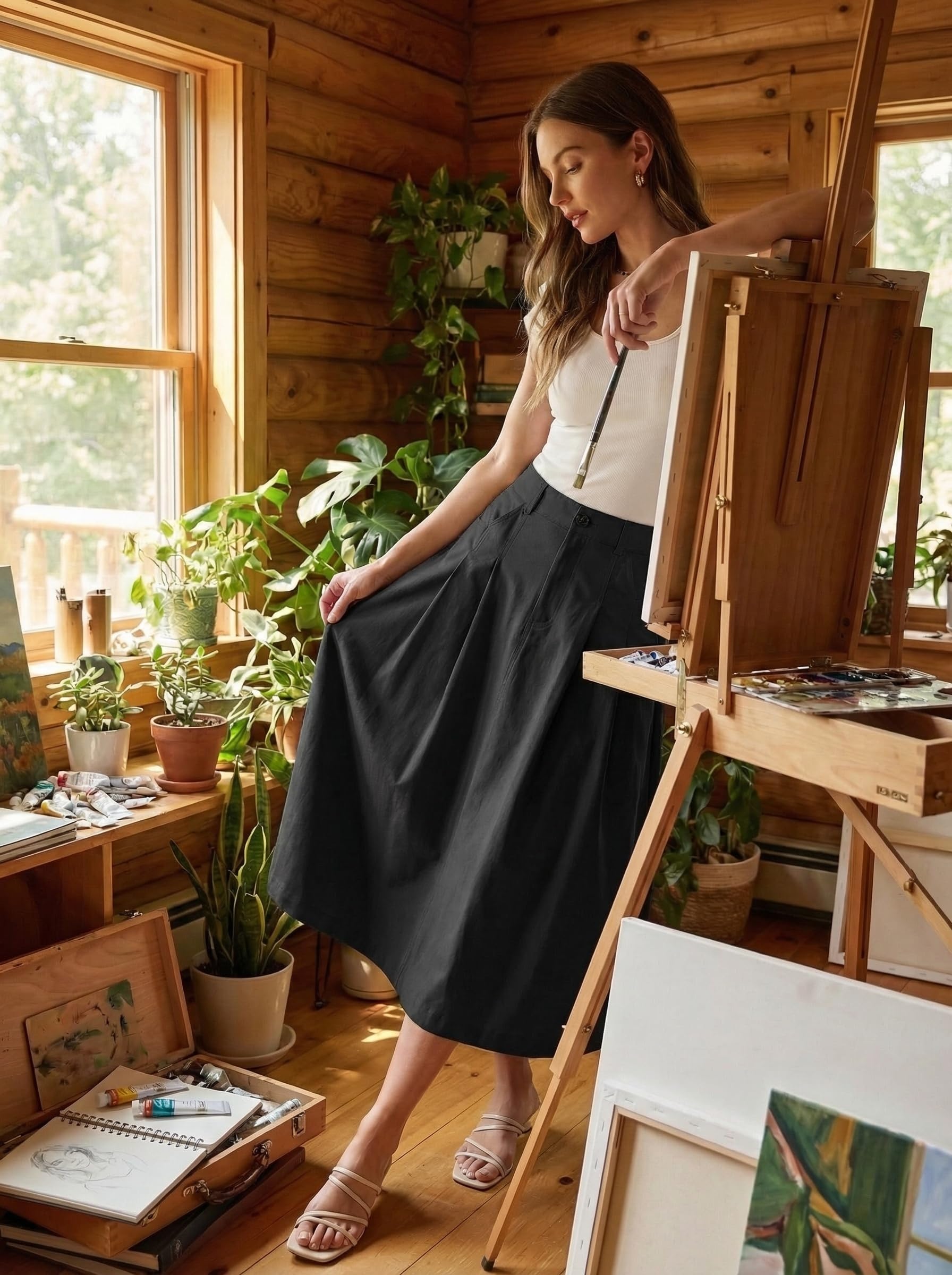 GRECERELLE Damen Rock Sommer Langer Röcke A-Linie Sommerrock Elegant Arbeitsrock Maxirock Strandkleider mit Tasche, Knöpfen