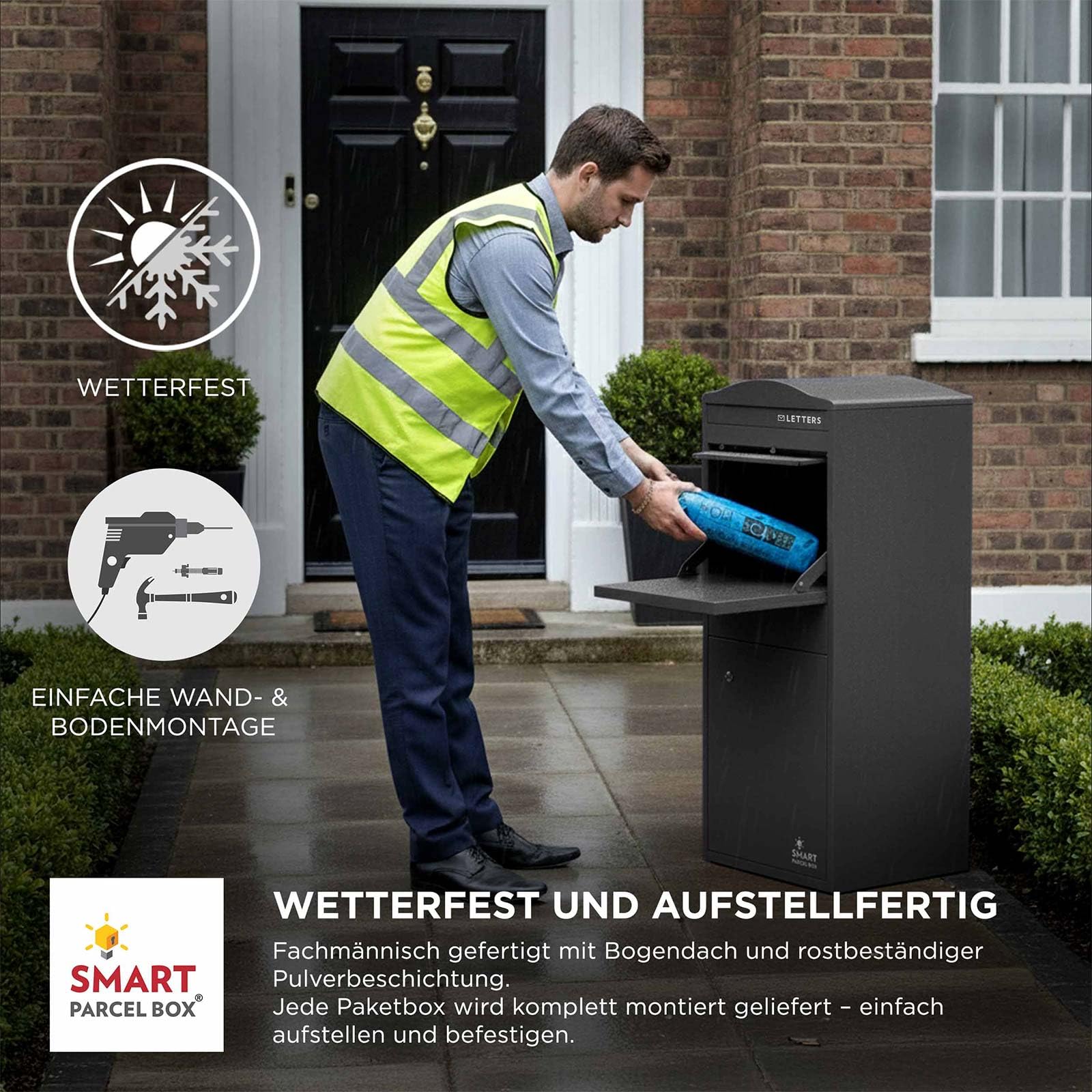 Smart Parcel Box Paketbox L mit Bogendach - Paketbriefkasten, grau | Standbriefkasten mit Paketfach, Paketbox draußen wetterfest, Front-Entnahme, verzinkter Stahl, rostfrei, pulverbeschichtet