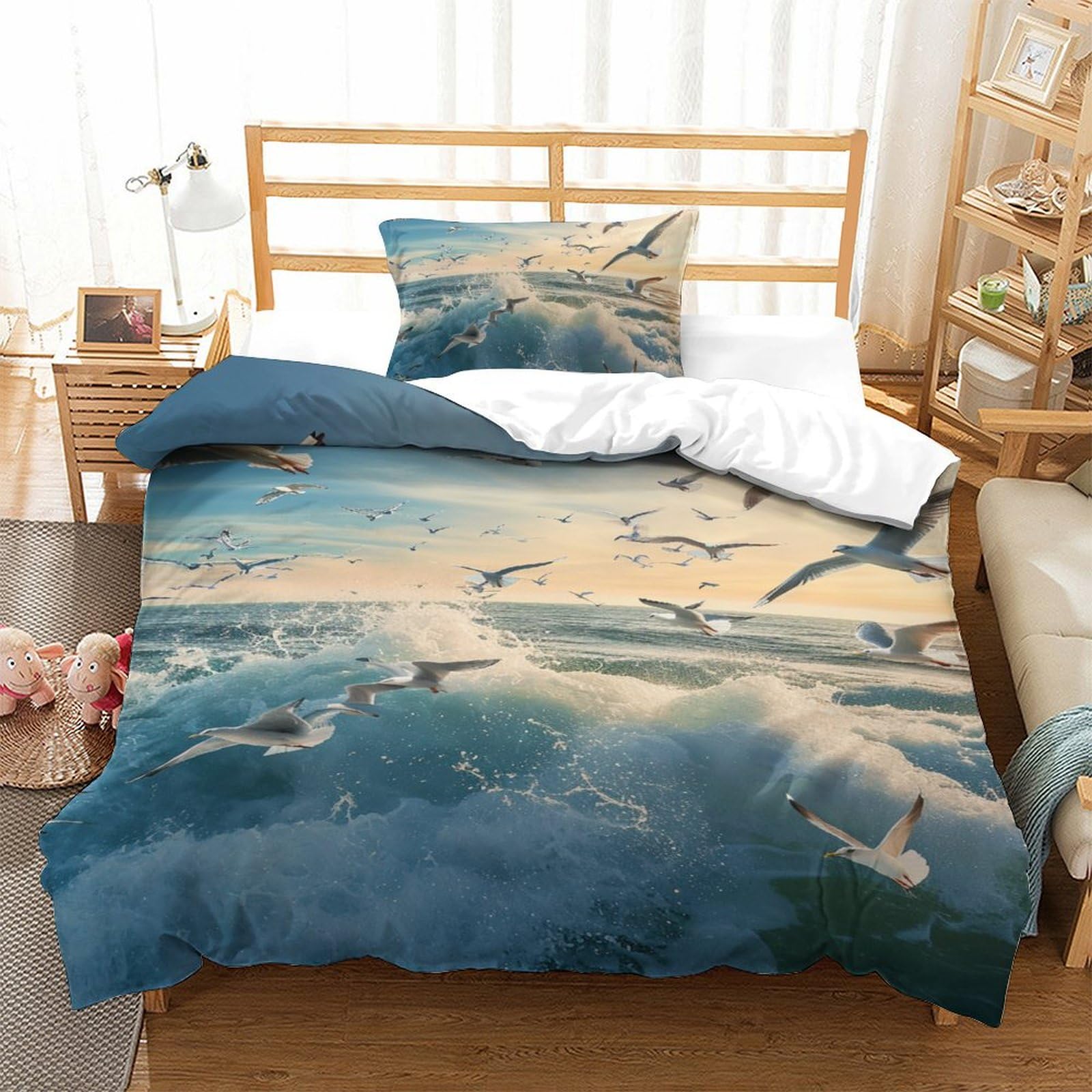 Housse de couette mouette 3D microfibre anti-plis, parure de lit respirante 135x200 single