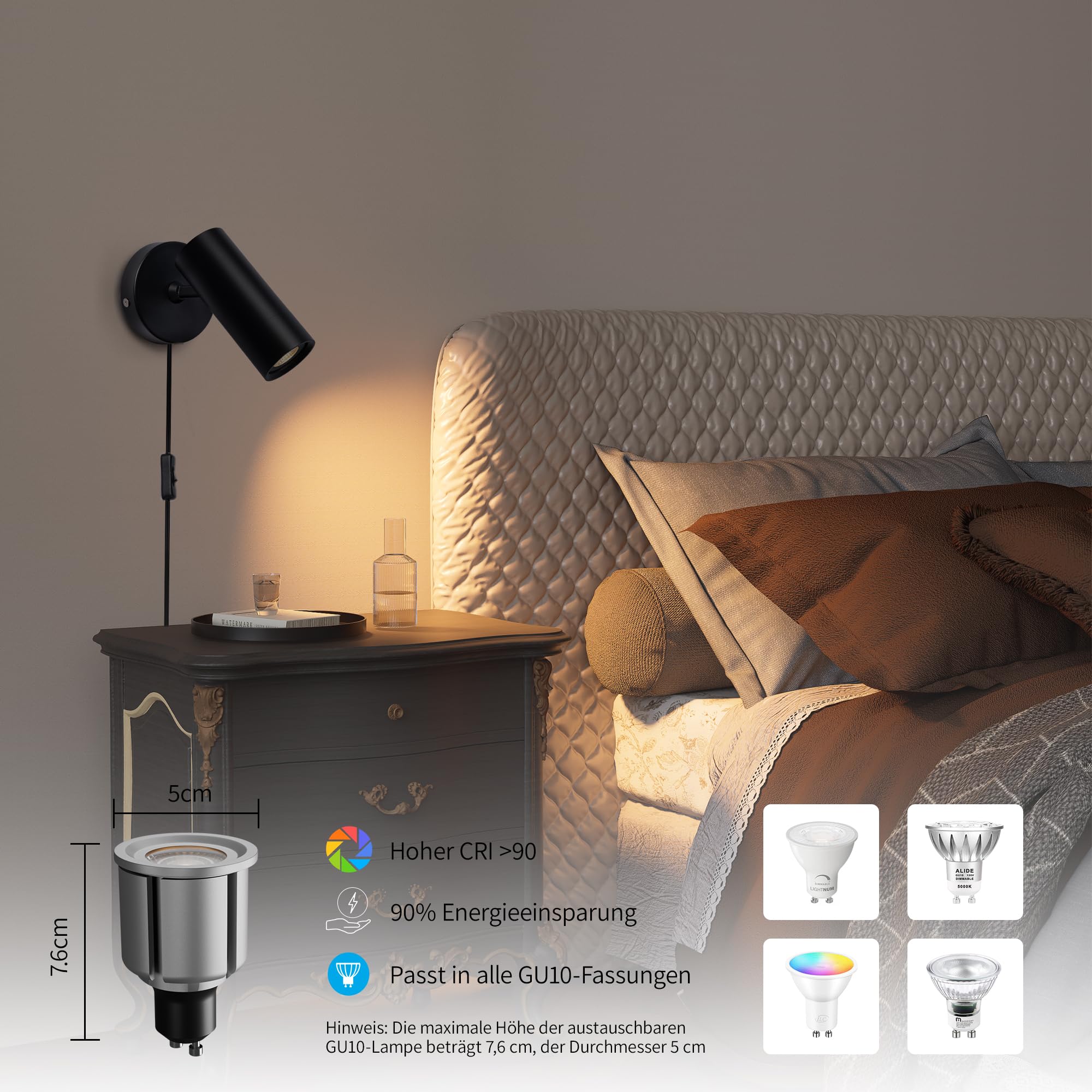 Aisilan Wandlampe Innen mit Stecker Schwarz mit GU10 LED Leuchtmittel Moderne Wandleuchte mit Schalter und Kabel Drehbar 350° Wandstrahler Vintage Wandspot für Schlafzimmer Wohnzimmer Treppenhaus